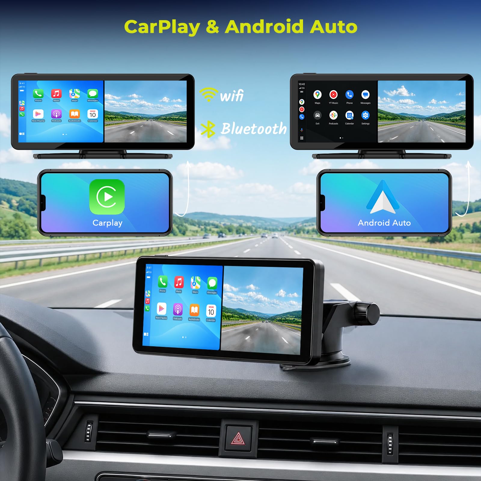 Carplay Bildschirm Wireless CarPlay & Android Auto mit,6.86 Zoll Touchscreen Tragbares mit Dashcam Vorne Hinten 2.5K+1080P mit Bluetooth Navigation Siri/G00gle Spiegel Link Loop Aufzeichnung FM 64G TF