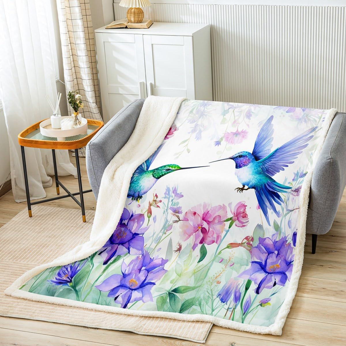 Hummingbird Girls Plush Blanket Throw Butterfly Flower Birds Fleece Bed Blanket Wild Animals Sherpa Blanket Floral Plants Fresh Nature Fuzzy Blanket For Women Bedroom Sofa Decor Queen 90"x90" Green