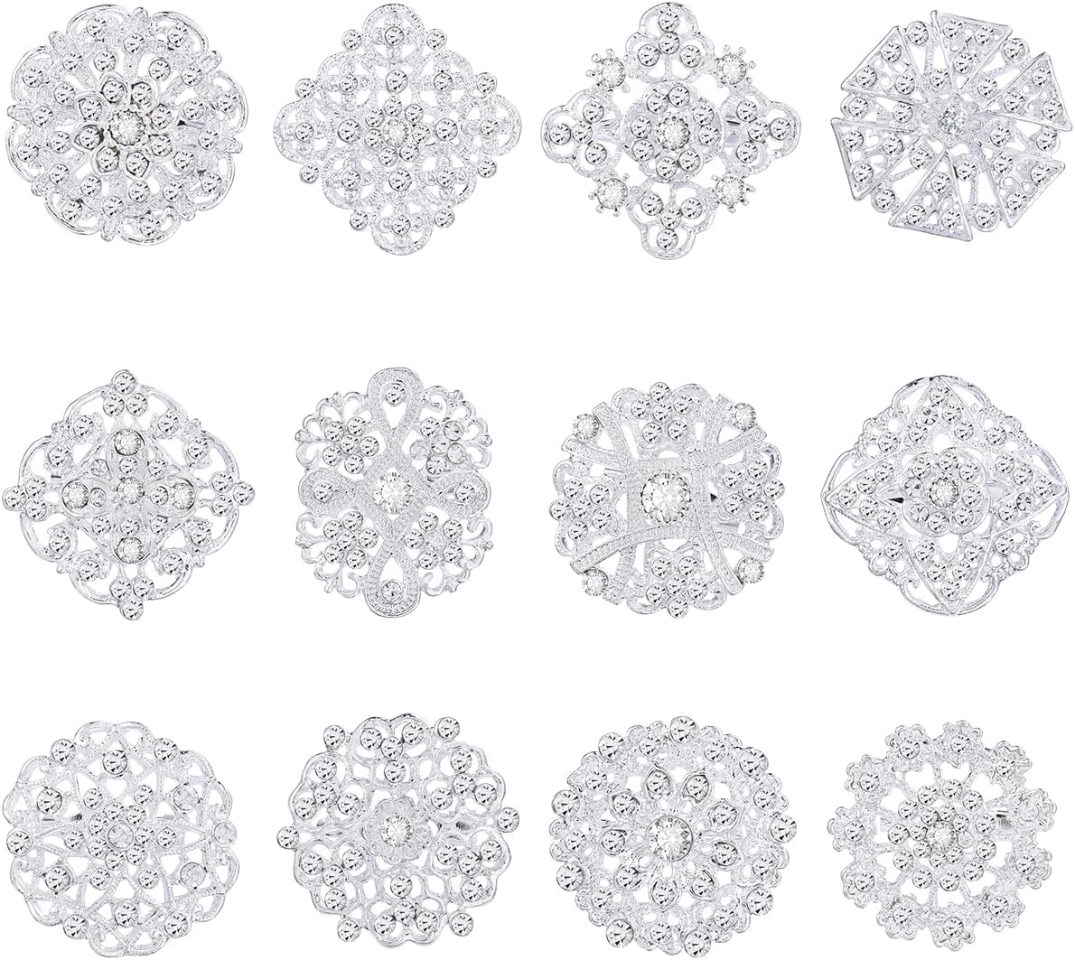 Silver/Gold Plated 12pcs Crystal Rhinestones Flower Brooch Pins DIY Wedding Bouquets Kit