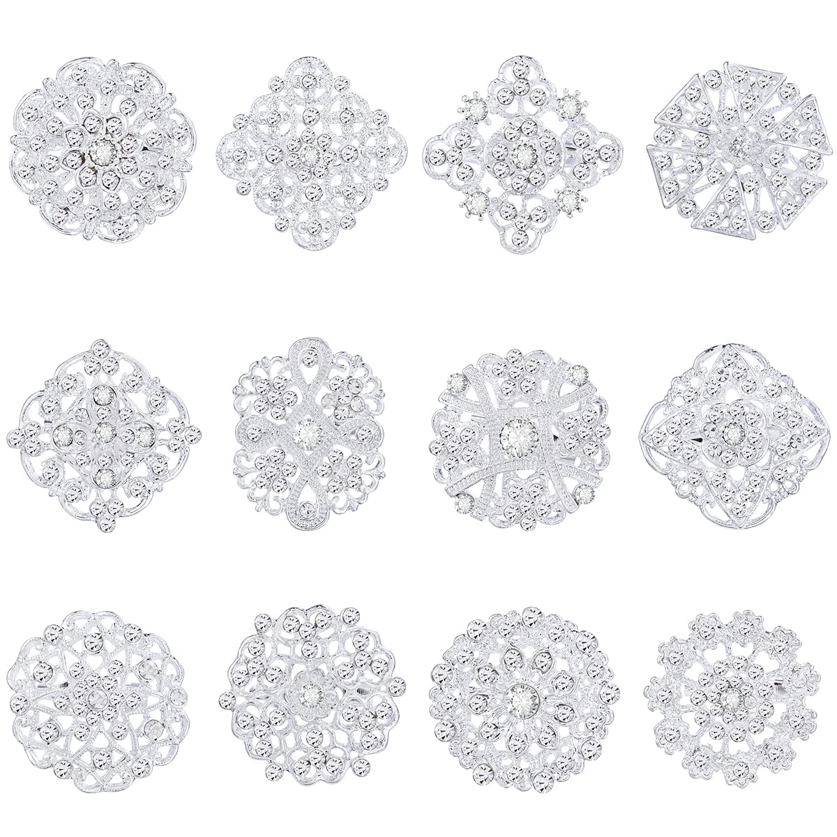 WeimanJewelry Silver/Gold Plated 12pcs Crystal Rhinestones Flower Brooch Pins DIY Wedding Bouquets Kit