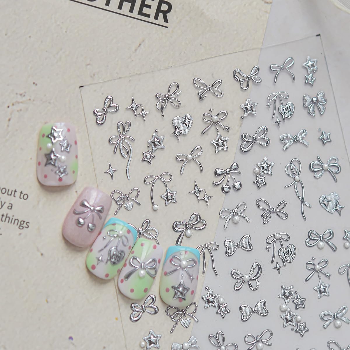 Y2K Nail Art Stickers Cute Bow Star Cherry Nail Decals 3D Self-Adhesive Silvering Y2K Nail Stickers Design Glitter Exquisite Embossed Star Bow Acrylic Nails Supply for Women DIY Manicure Decorations image 3