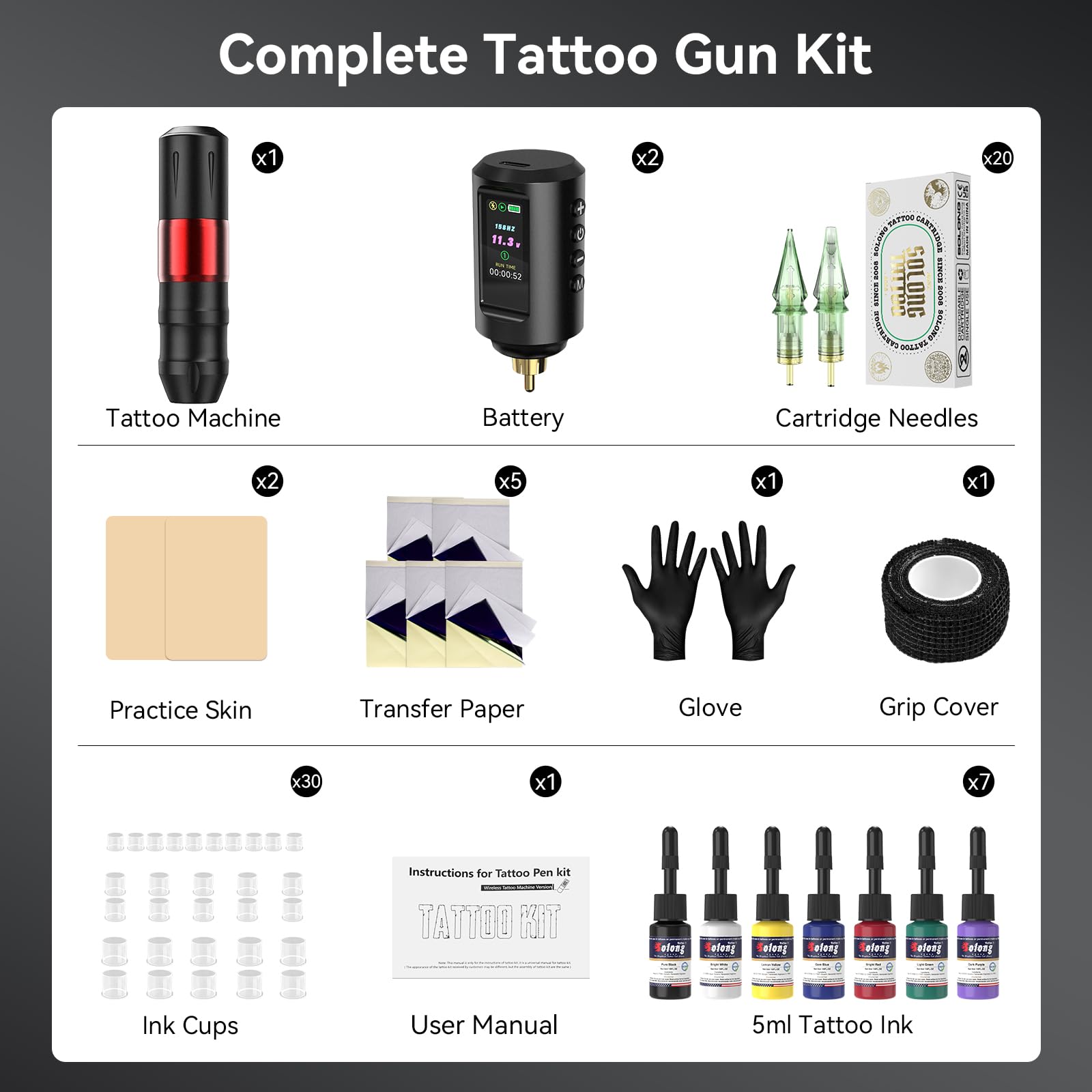 Kit de Máquina de Tatuar Solong 20 agujas para tatuajes, 7 botellas de tinta, 2 baterías de 1800 mAh, kit completo de tatuaje para principiantes y profesionales EF-TKP752AEU-2