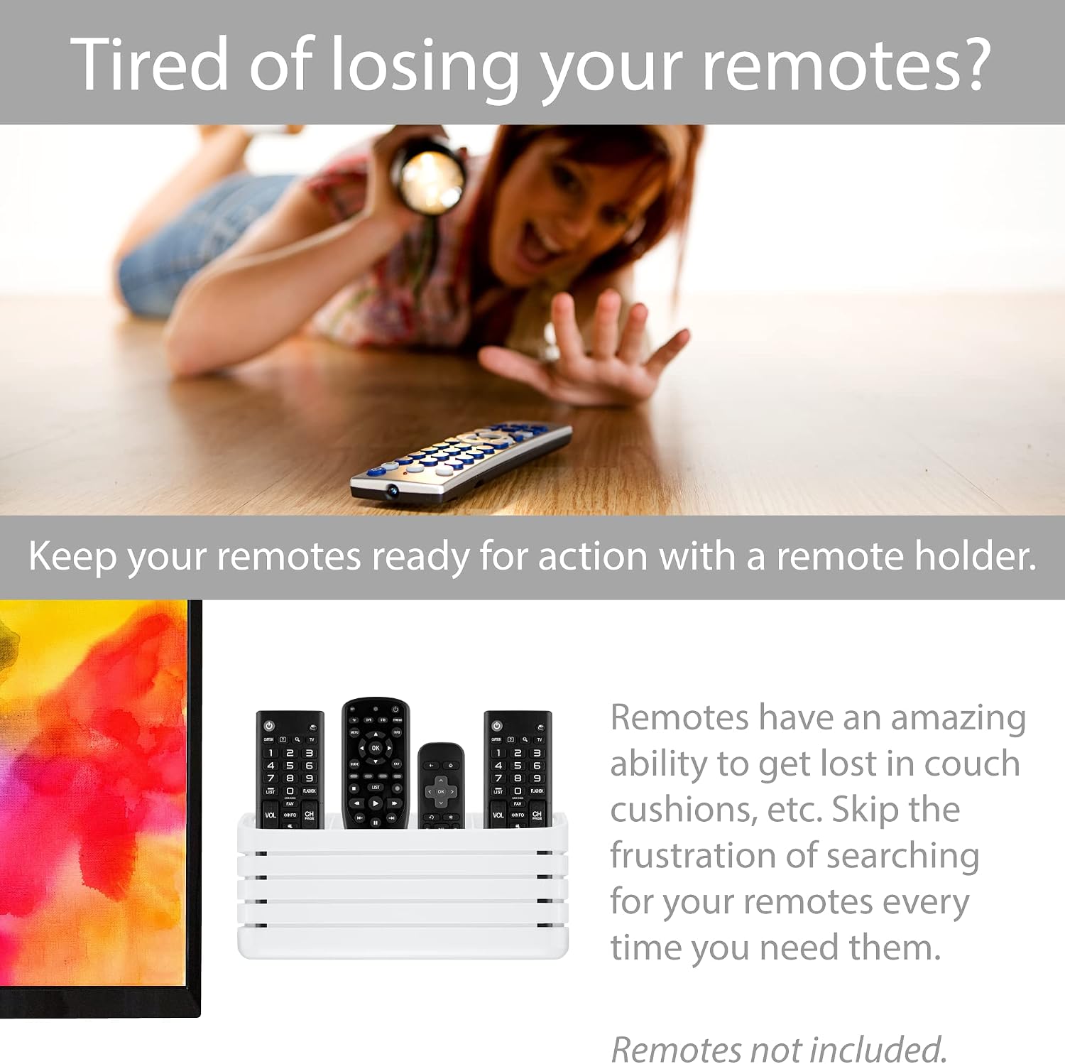 TotalMount Hole-Free Remote Holder – Eliminates The Need to Drill Holes in Your Wall (Premium White – Modern Design for 3 or 4 Remote Controls)