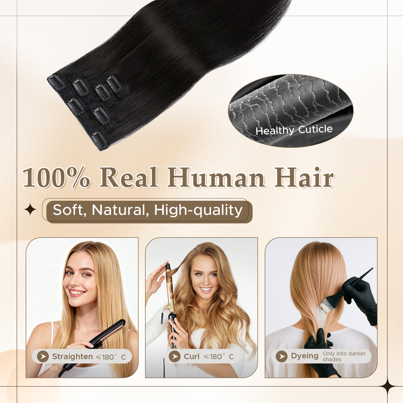 MY-LADY 5 Stück Clip in Extensions Echthaar Glatt #1B Natürliches Schwarz 52g 50cm - 4PCS Einzelclips + 1PCS Dreifach-Clip Lace Basis Clip in Human Hair Extensions für Natürlichen Look & Highlights