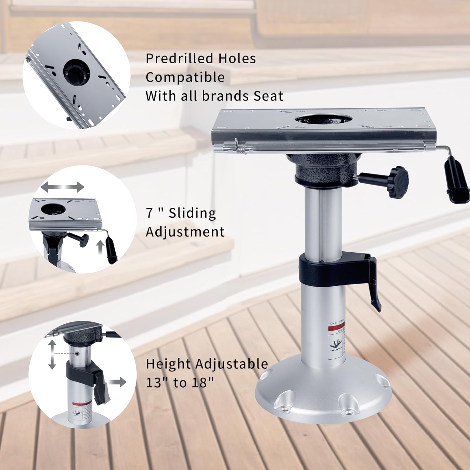 Aluminum Adjustable Height Locking Boat Seat Pedestals with Slide 13 to 18 Inches for Boat Seats (1pcs)