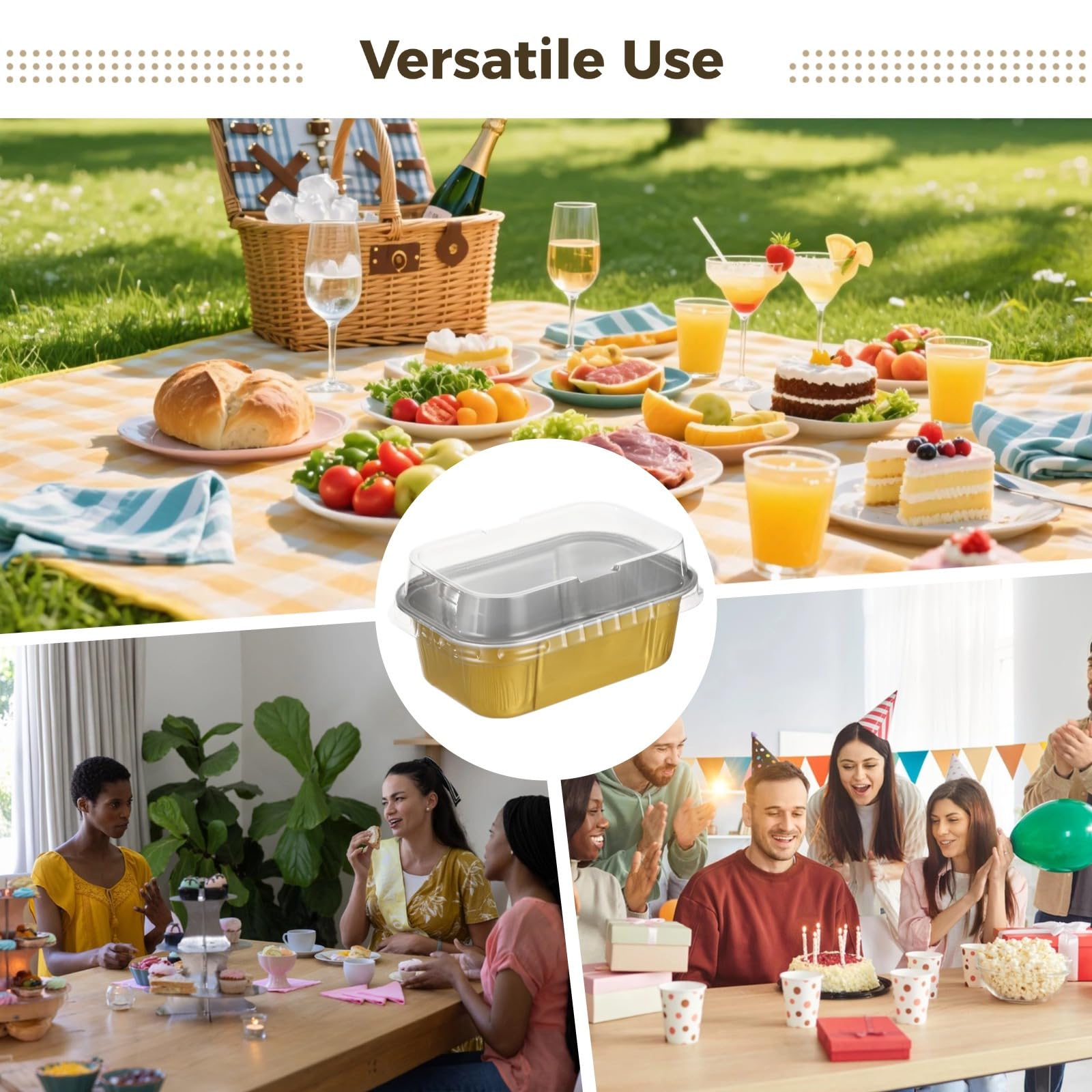 Lot de 100 moules à gâteau jetables en aluminium avec couvercles, 161,6 g, mini moules à pain rectangulaires dorés, récipients individuels en étain pour la cuisson, le rôtissage, le stockage
