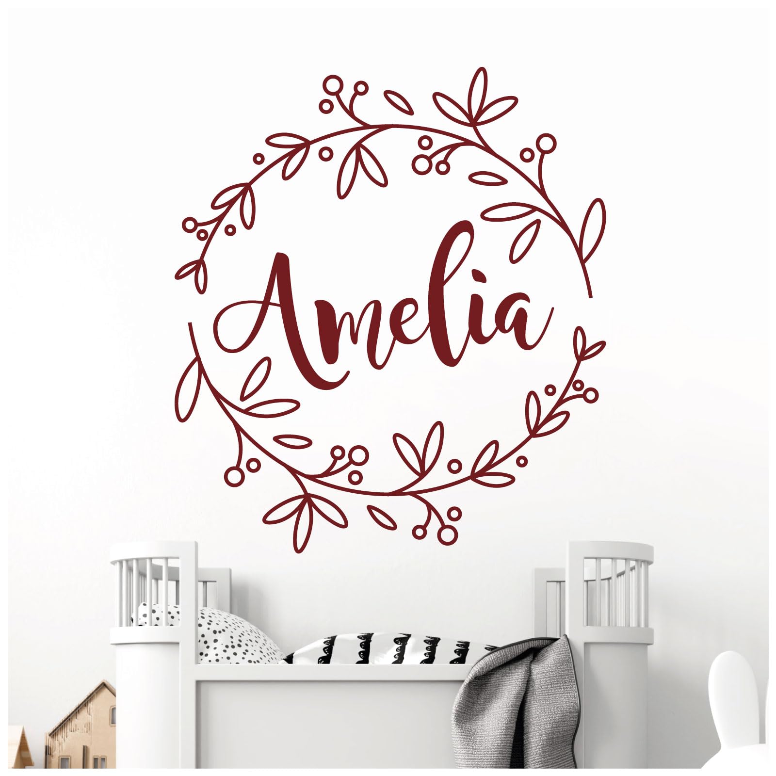 Personalised Name - Floral Wreath - Nursery Vinyl Wall Decal Sticker [Medium] [Burgundy]