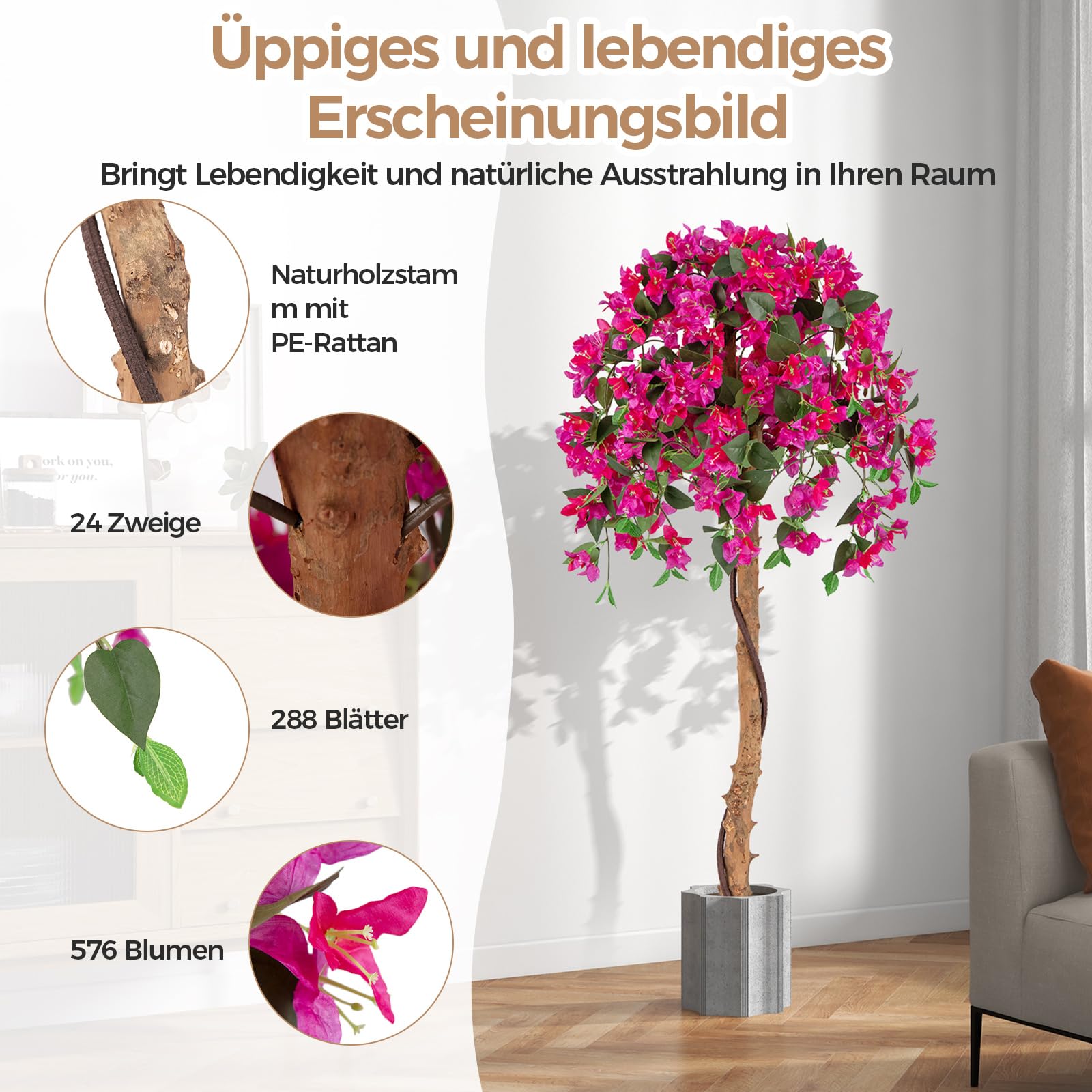 COSTWAY 2 er Set 135 cm Kunstbaum mit Blüten, Kunstpflanze im Topf, Künstlicher Baum mit Azalee-Blumen, Realistische Topfpflanze, Kunstblume für Zuhause, Büro, Zimmerpflanze Dekopflanze, Rosa