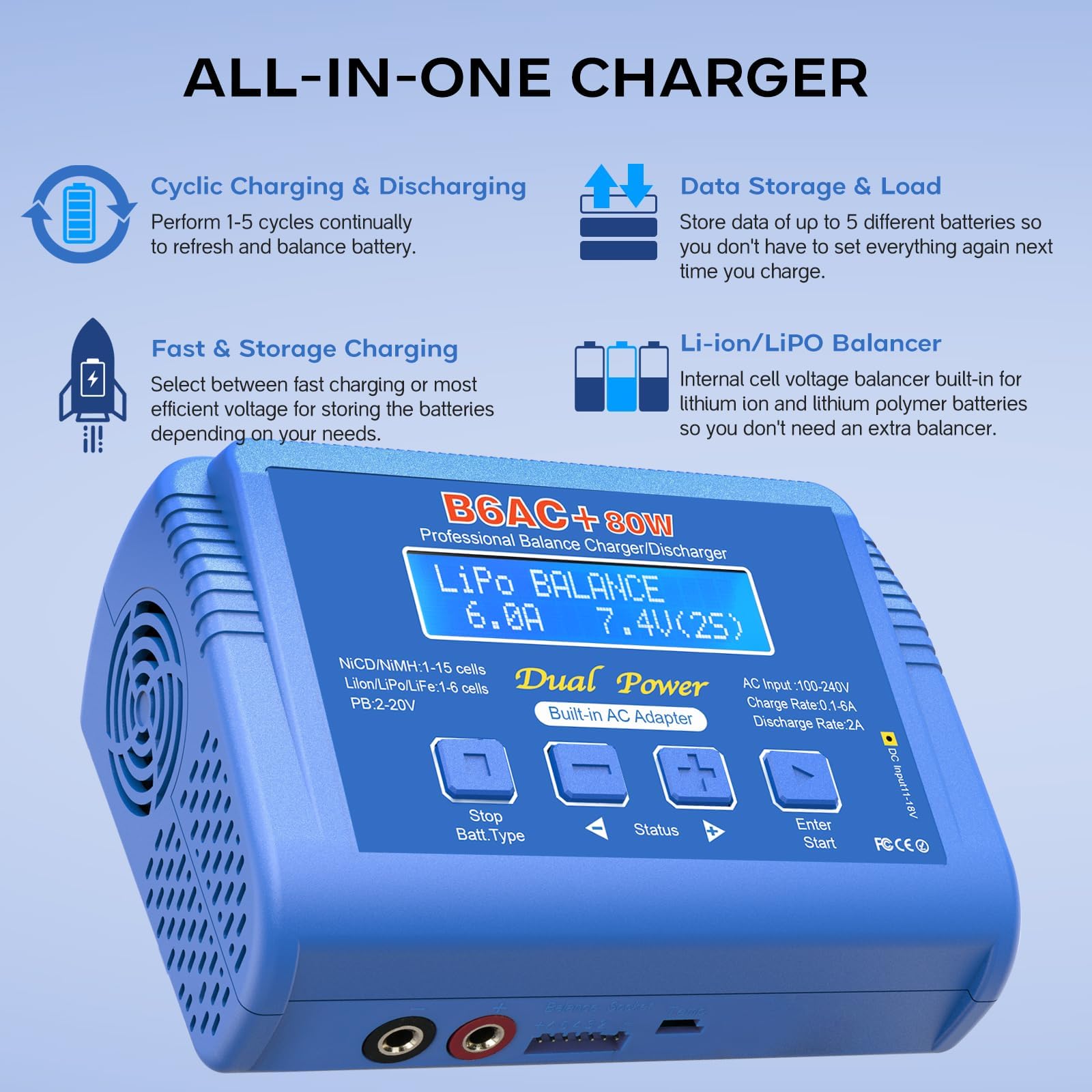 Cargador de equilibrio B6 AC Lipo con fuente de alimentación de 80 W para batería 1S 2S 3S-6S LiPo Lilon Life Lifepo4 NiCd NiMh Pb RC