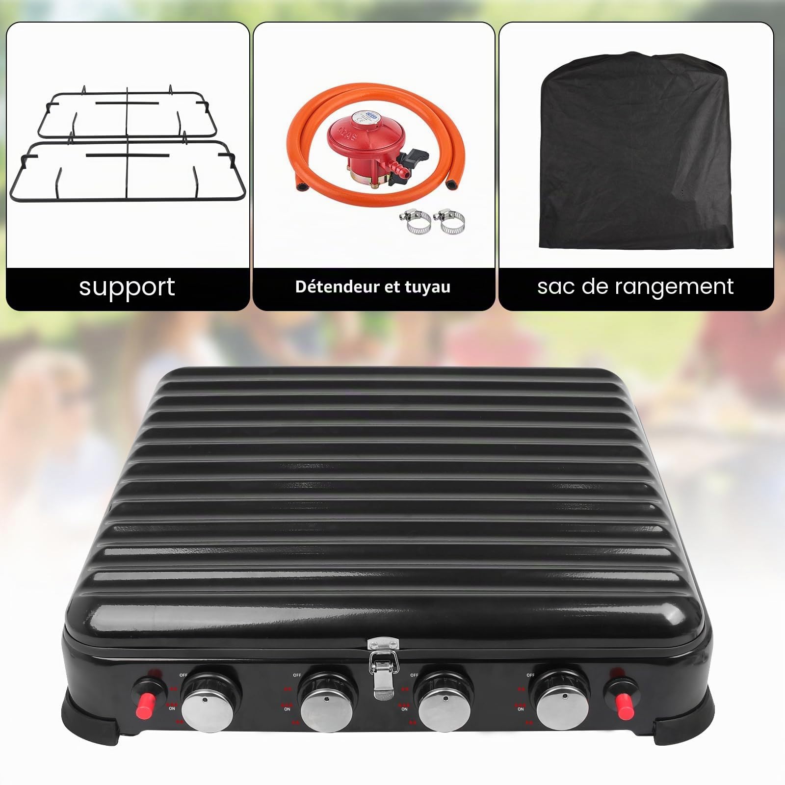 8.8KW Réchaud Gaz 4 Feux, Réchaud à Gaz de Camping Portable Avec Allumage Piezo et Régulateur, Réchaud de Camping Réchaud Extérieur pour Cuisine Plein Randonnée Camping Pêche Pique Nique (Pur Noir)