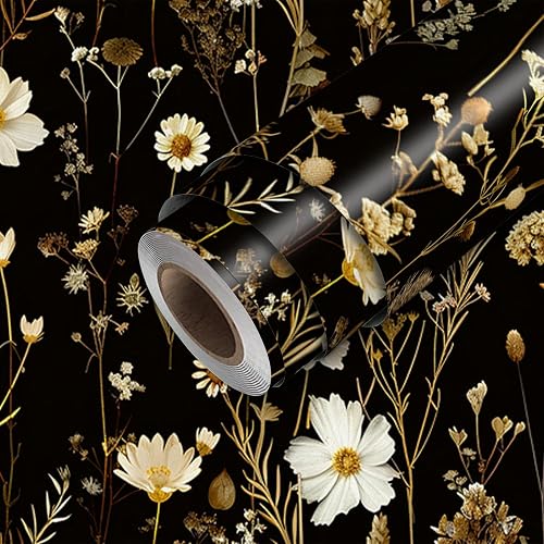 HOMETITUTE Black White Floral Peel Stick Wallpaper 118.1x17.7 Inch Vinyl