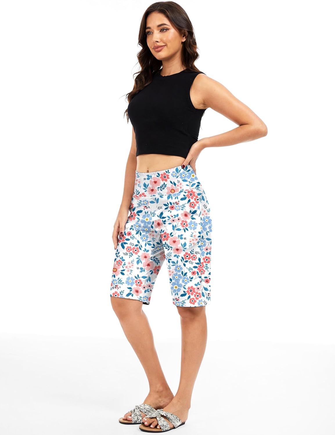 Blouty Women's 12" Bermuda Long Shorts Knee Length with Pockets High Waisted Stretch Shorts for Women Summer Walking