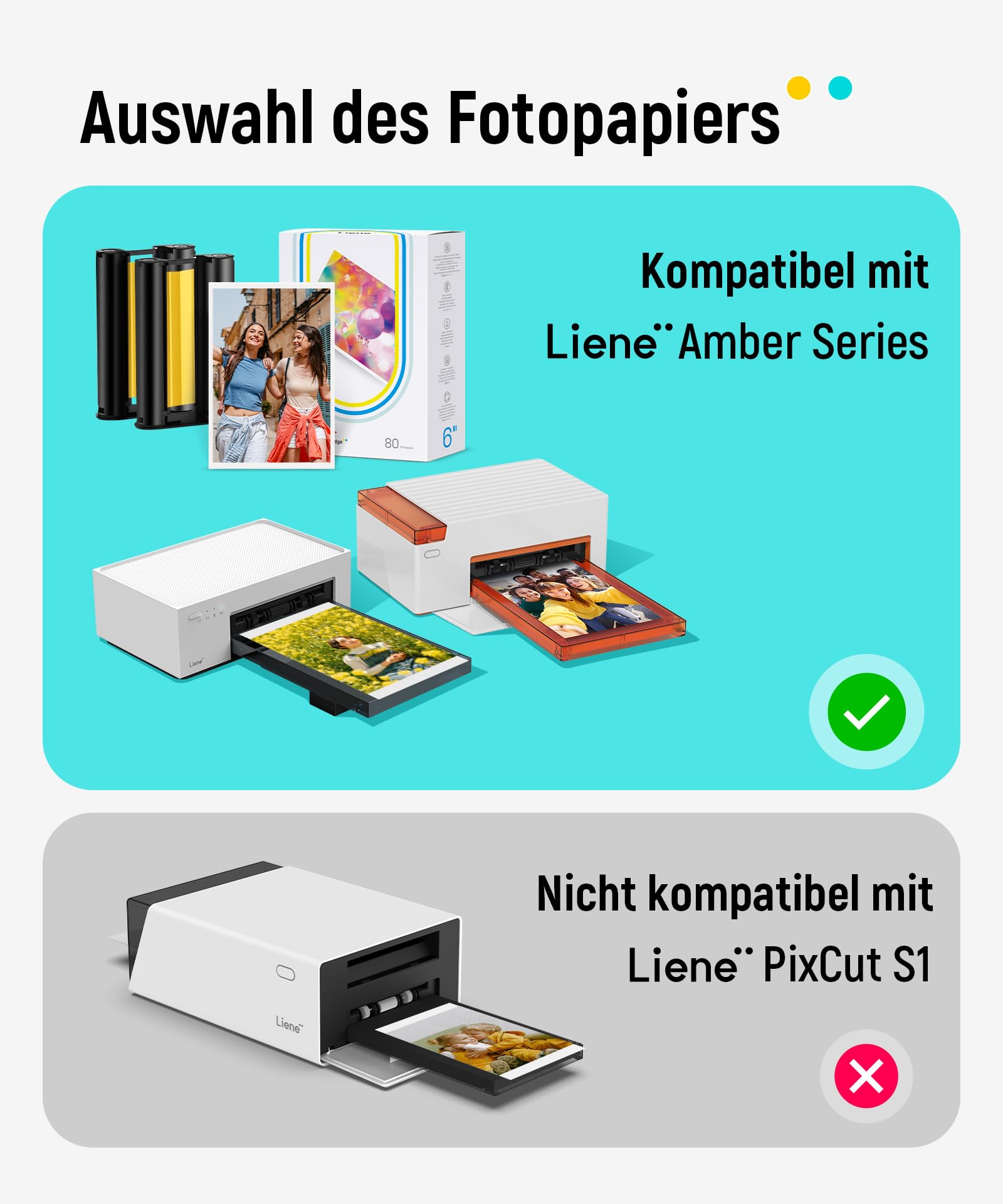 Liene Amber M100/M200/M110/M210 Original Nachfüllset: 80 Blatt 10x15 cm (4x6 Zoll) Fotopapier + 2 Farbbänder, Thermosublimation, Spritz- & Oxidationsschutz. Nur für DHP512/DHP513/DHP514/DHP515.