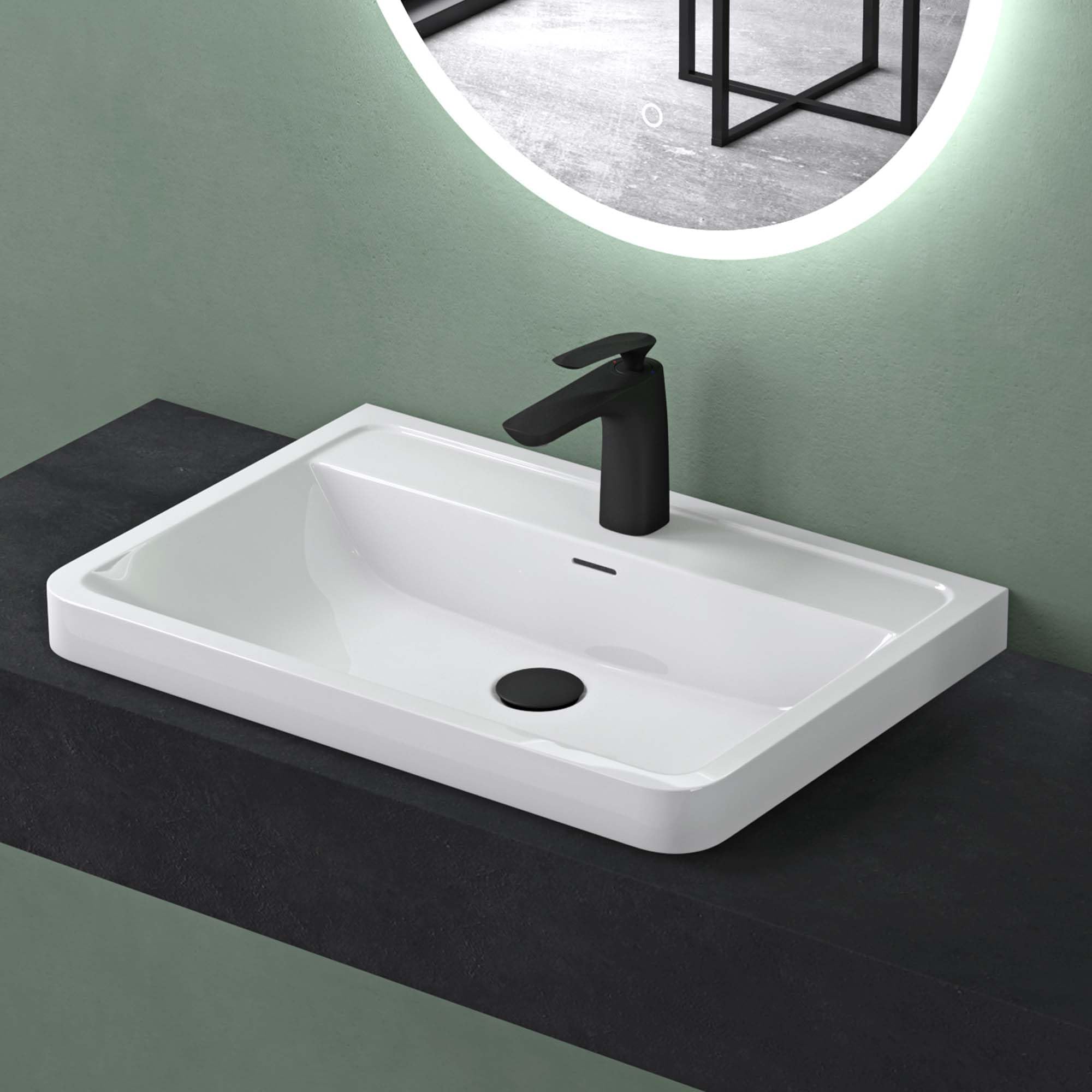 Mai & Mai Bathroom Sink Basin Countertop Wash Basin | Cast Stone Resin Sink Rectangular Glossy White | Solid Surface Sink | WDH：60x42x13cm Col08