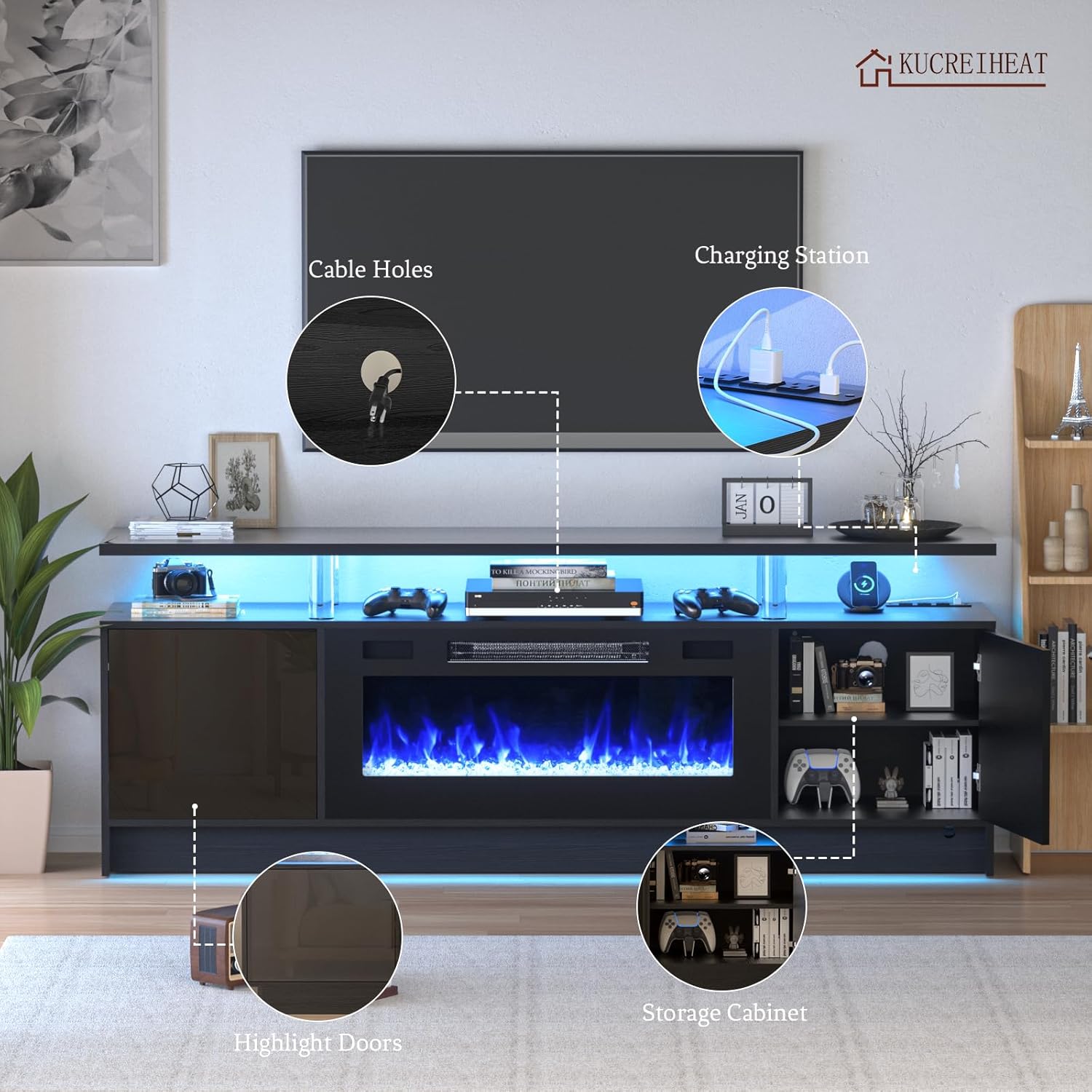 70 inch TV Stand with Fireplace for Up to 80'' TV-LED Fireplace Entertainment Center w/Outlet, 2 Tier TV Console Storage Cabinet, Media Console Table for Living Room, Black