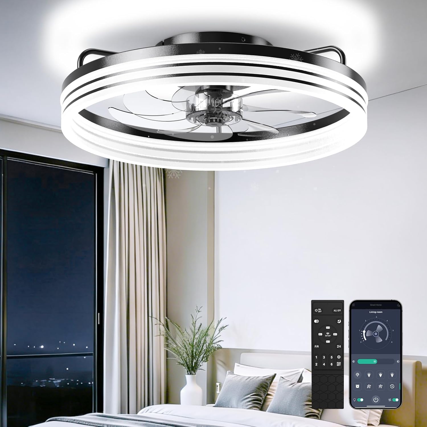 AIKVSXER Ceiling Fan with Light,20" Flush Mount Ceiling Fan,6 Speeds,3000-6500K Dimmable LED, App & Remote Control, Quiet DC Motor, for Bedroom, Living Room Modern Ceiling Fans with Lights(Black)