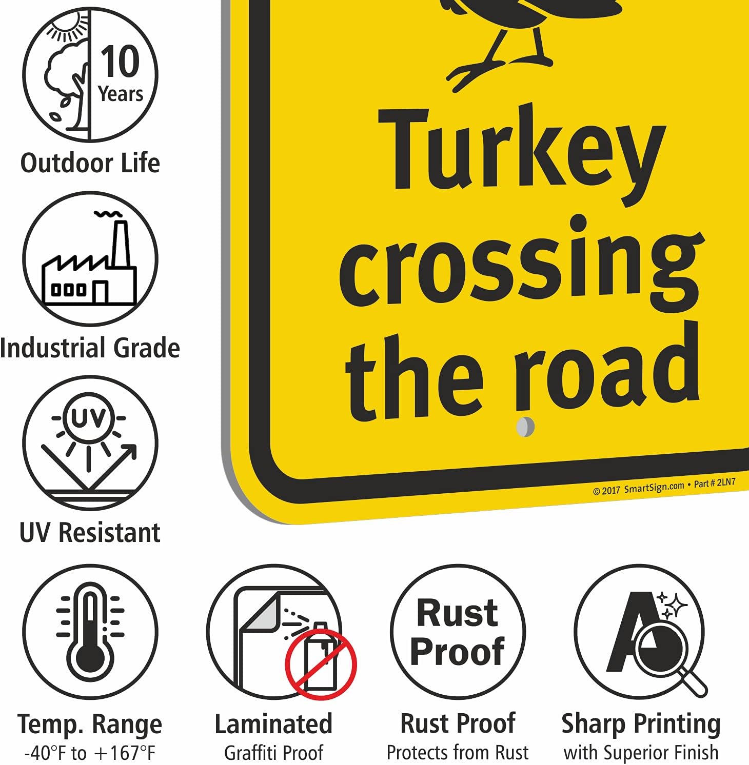 SmartSign 18 x 12 inch “Slow Down - Turkey Crossing The Road” Metal Sign, 63 mil Laminated Rustproof Aluminum, Black and Yellow, Made in USA
