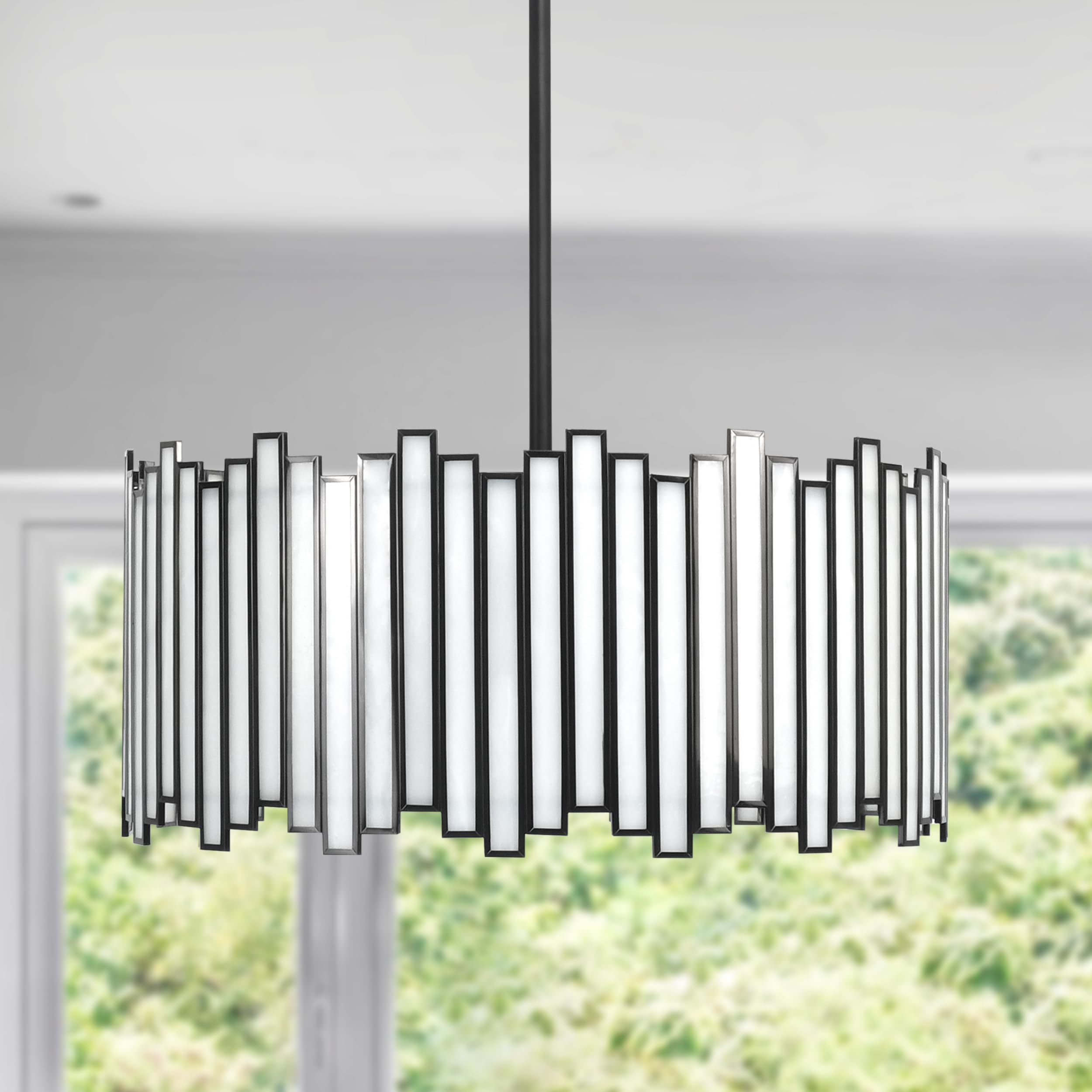 Drum Chandelier 4-Light Modern Drum Pendant Lighting Fixture with Tiffany Glass Shade, 16” Round Ceiling Hanging Light for Bedroom Dining Room Kitchen Entryway Living Room (Black)