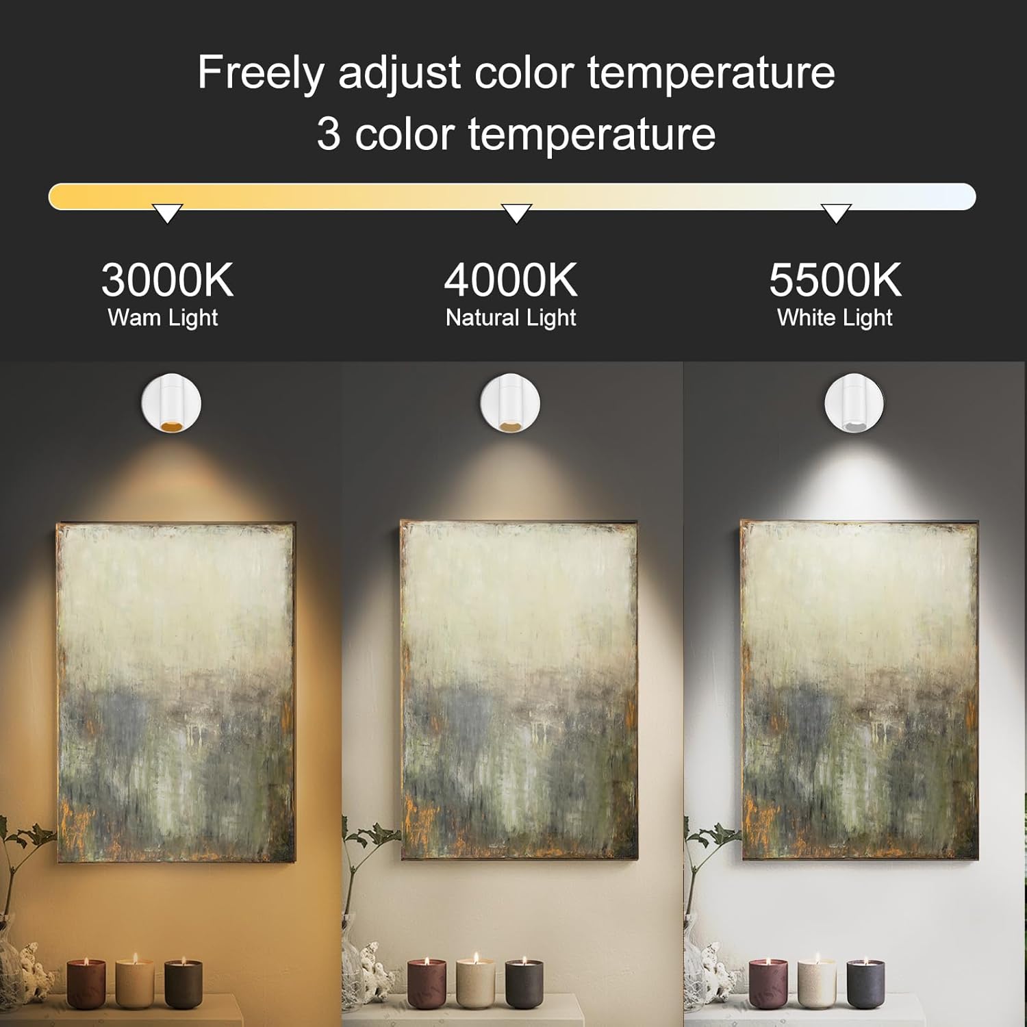 2 Pcs LED Wall Mounted Lights with Remote, Wall Sconces Lamp Rechargeable Battery Operated, 3 Color Temperatures & Dimmable Magnetic 360° Rotation for Bedroom Bedside Picture Plants