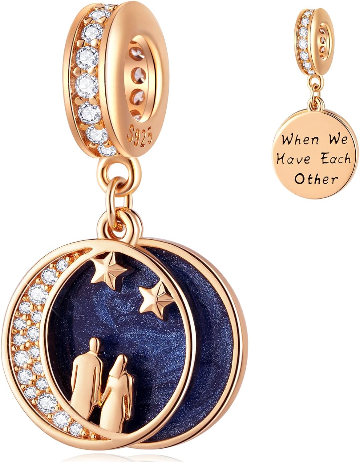 Rose Gold Couple Lover on Crescent Moon Pendant Charms, fit Pandora Valentines Bracelet, Sterling Silver Wife/Husband Under Starry Night Sky Beads, Gift for Birthday Anniversary