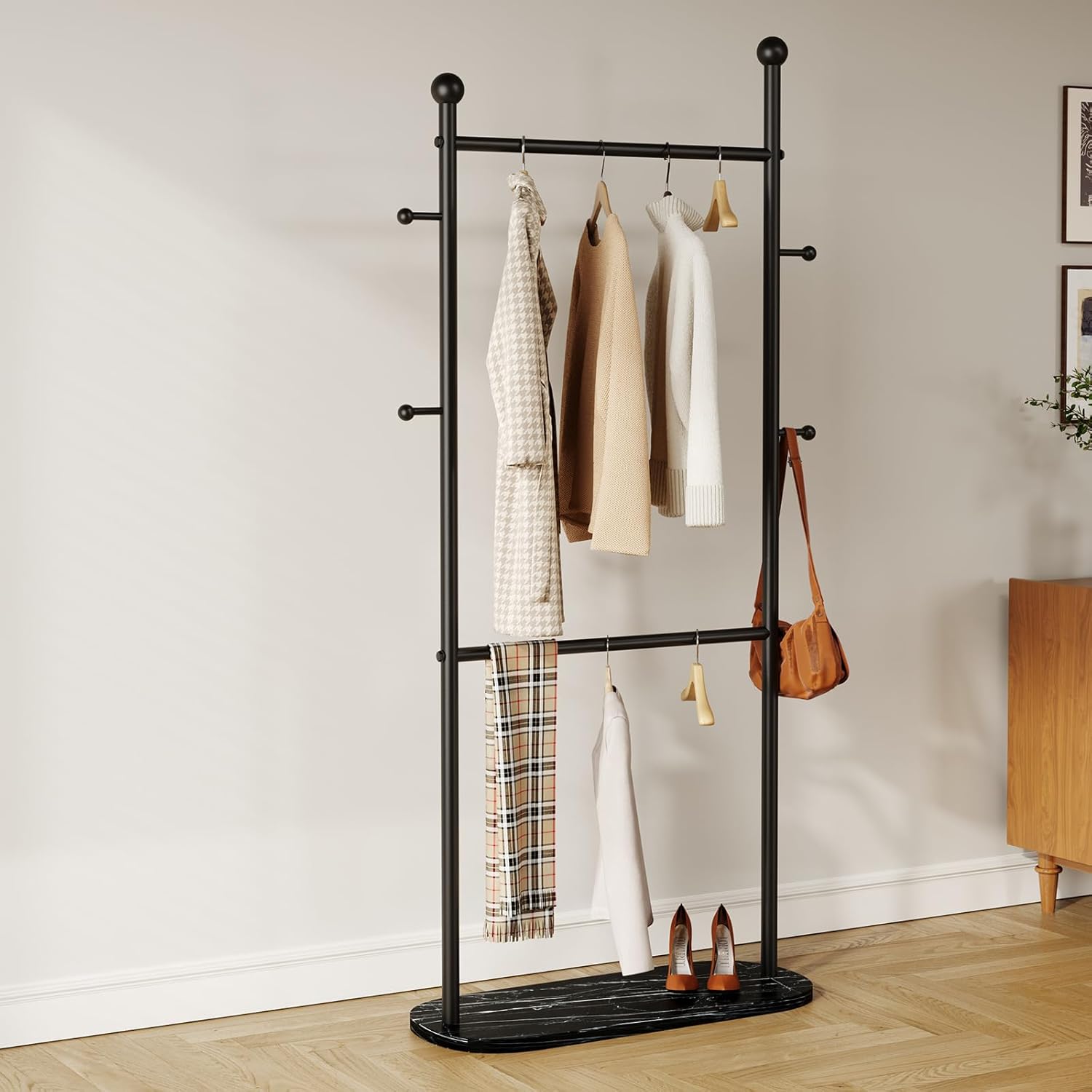 Gold Clothing Rack Marble Base,Double Rod Clothes Rack for Hanging Clothes, Heavy Duty Garment Rack for Home Retail Boutique (black)