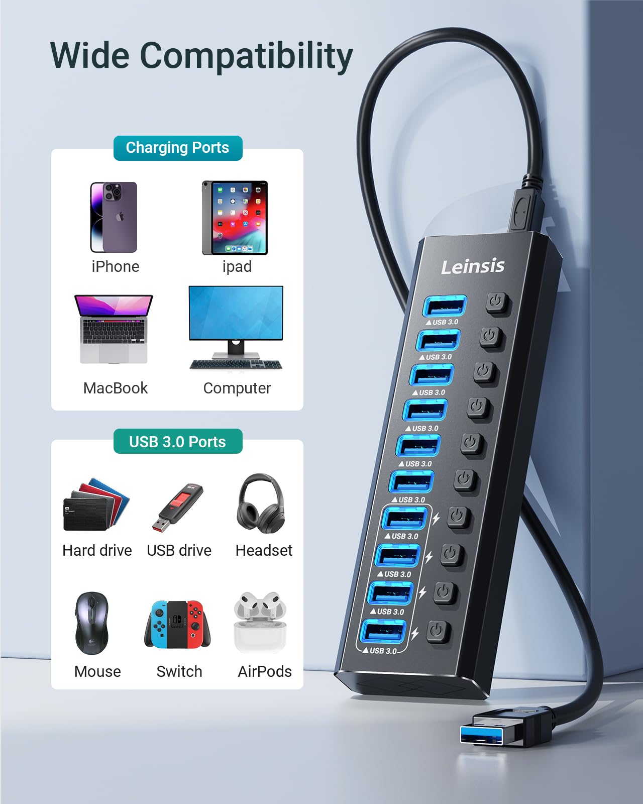 Alimenté USB Hub 3.0, 10-Port USB 3.0 Hub [Durable Aluminum] 10 Data Transfer Ports+ 4 Smart Charging Ports with Individual On/Off Switches, USB Hub 3.0 Powered with Power Adapter for Laptop PC