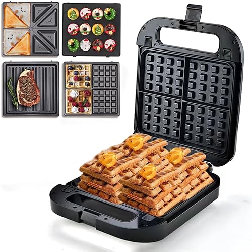 Miniatura 1 de Sandwichera 4 en 1, mini máquina de donas de 12 agujeros, 4 rebanadas de wafflera de 1400 W con placas antiadherentes, calefacción de doble cara,