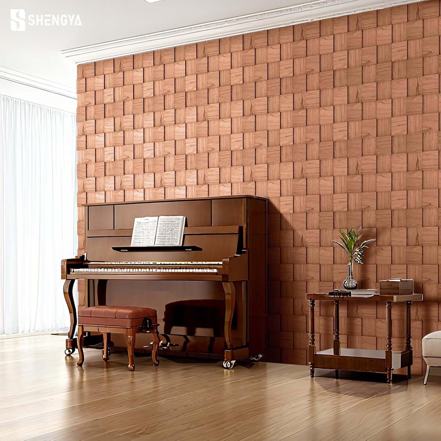 6-Pack Cherry 3D Checkerboard Acoustic Wall Panels, 15.7"×15.7" Mosaic Wood Soundproof Panels for Home & Apartment Decor