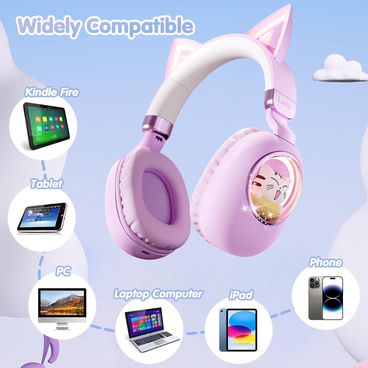 esonstyle Cat Ear Headphones for Kids - Bluetooth 5.4 On-Ear Noise Cancelling Headphones with Microphone 85dB Safe Volume Limit Wireless or 3.5mm Wired Mode USB C for School Learning Travel (Purple)