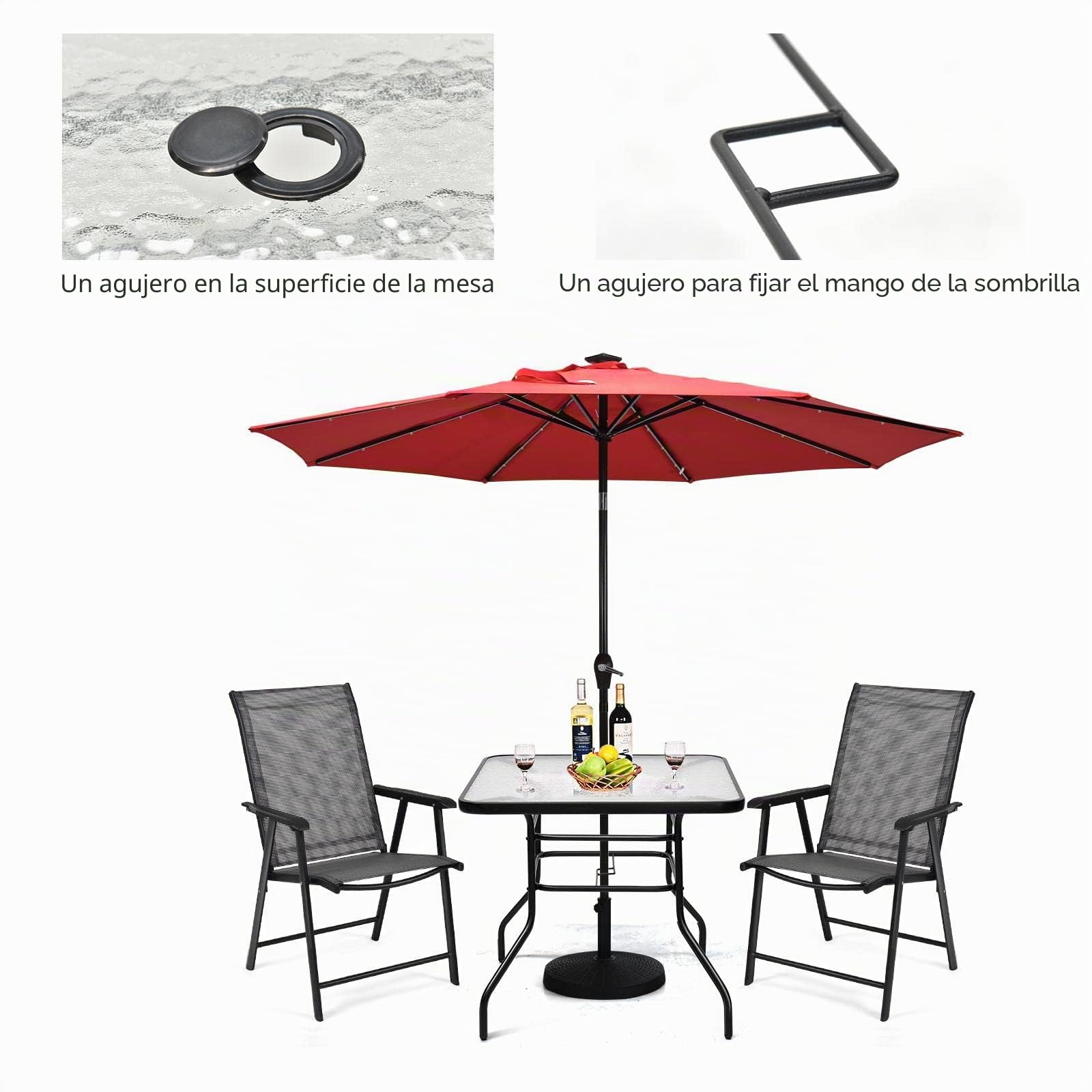 KOMFOTTEU Mesa de Jardín Cuadrada con Orificio φ40mm para Sombrilla | Mesa Auxiliar de Cristal con Marco de Metal, Mesa de Comedor con Carga 80 kg, para Balcón, Terraza, Patio, 80 x 80 x 71 cm