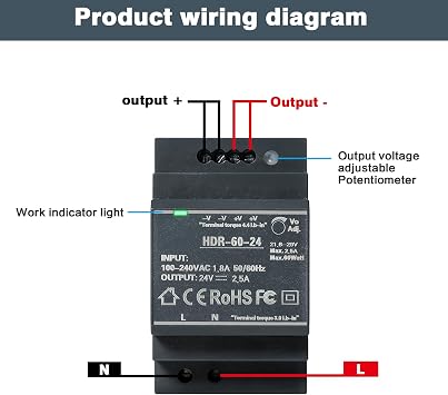 DEWIN Switching Power Supply, HDR-60-24 60W Switching Power Supply DIN Rail Transformer for DIN Rail for Industrial Automation Equipment (DC 24V 2.5A)