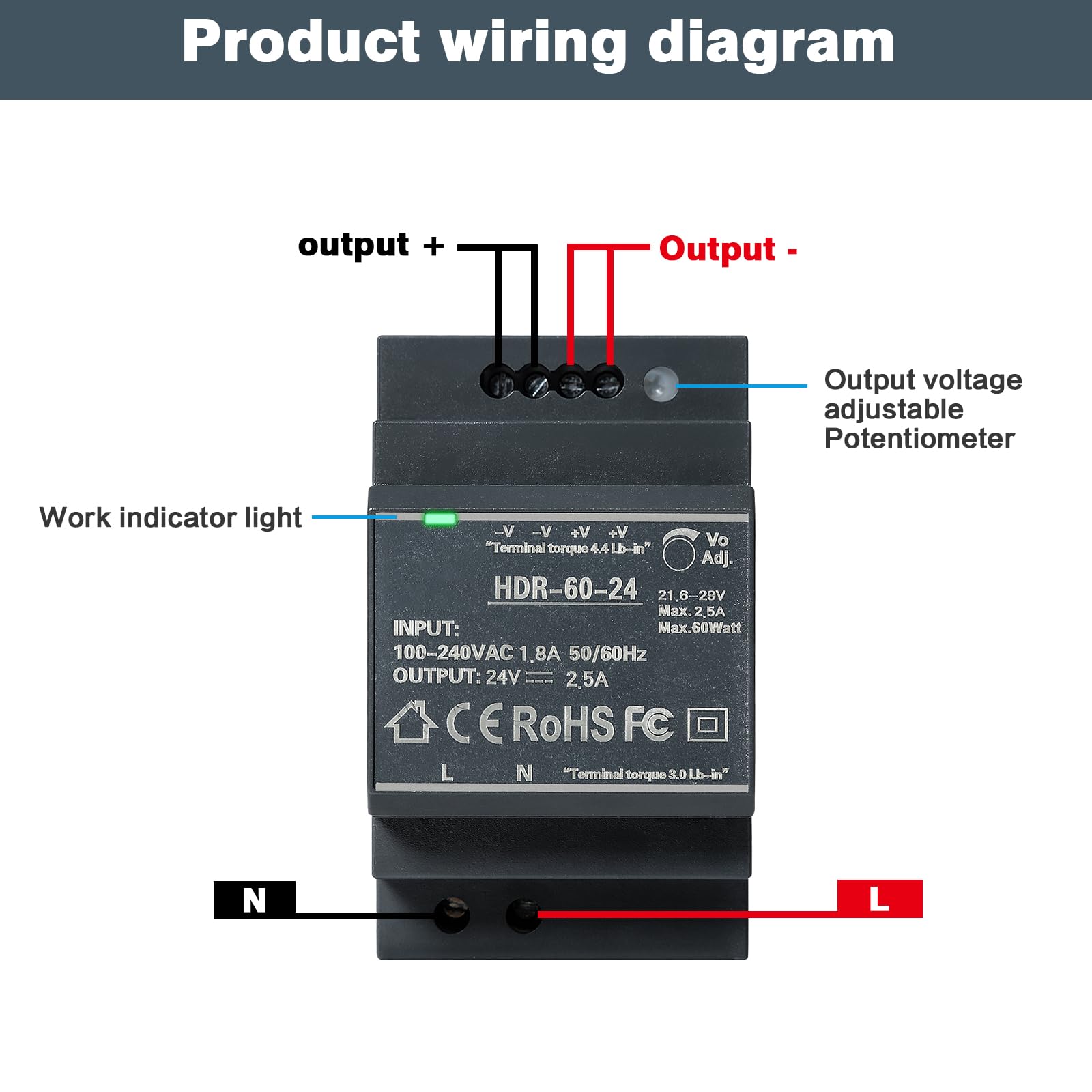 DEWIN Fuente de Alimentación Conmutada 24v, HDR-60W Fuente de Alimentación Conmutada de Transformador de Riel DIN para Equipos de Automatización Industrial (Color : DC 24V 2.5A)