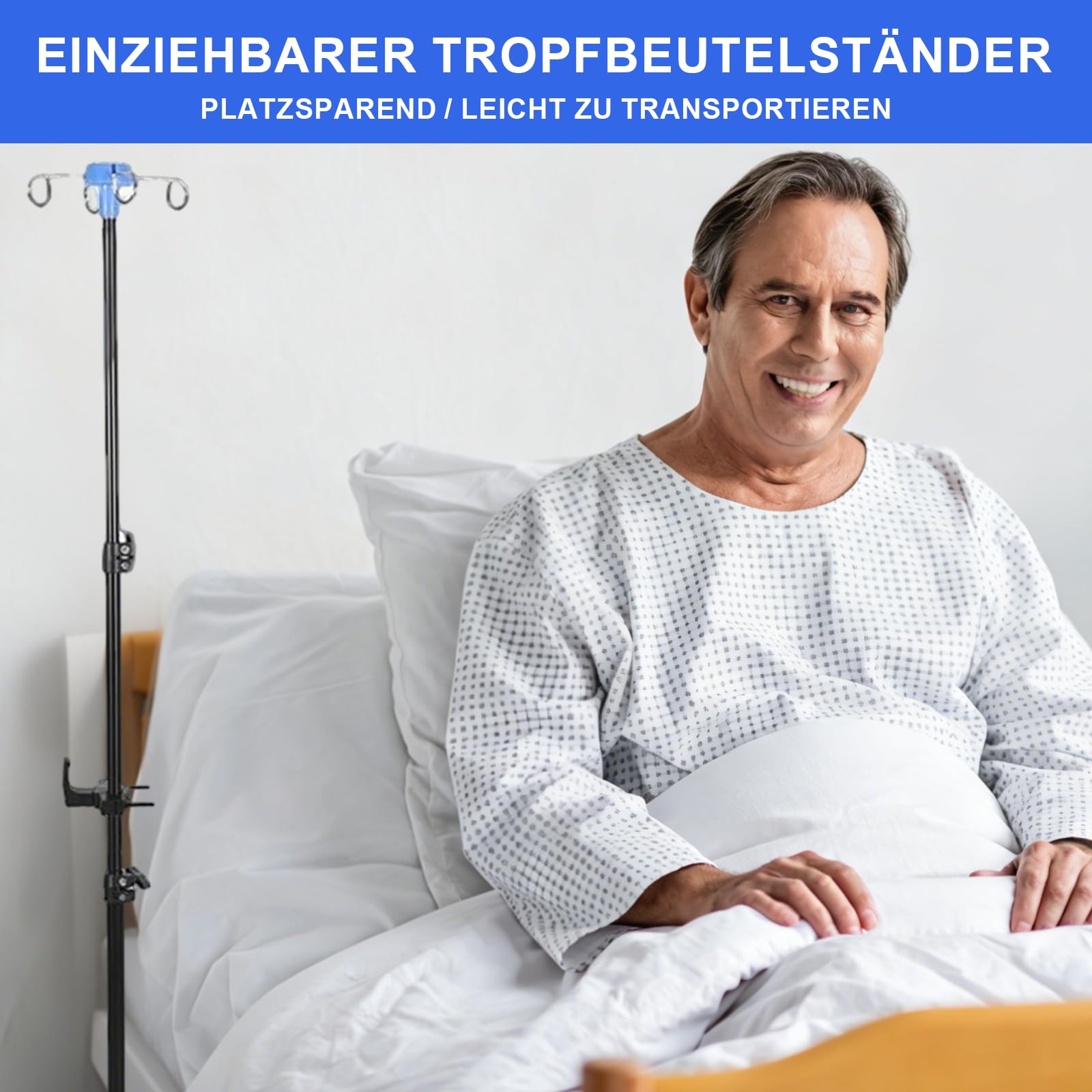 Verstellbarer Infusionsständer mit Rollen, Tragbarer Mobiler IV-Ständer, Höhenverstellbar 90-190cm, mit 4 Haken und 3 Netzbeuteln, Infusions-Dreibeinstativ für Krankenhau Häusliche Pflege und Klinik