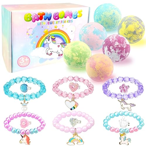 Miniatura 7 de Bombas de baño para niños con sorpresa en el interior, 6 bombas de baño grandes de burbujas orgánicas con pulseras y anillos, juguetes de bombas de