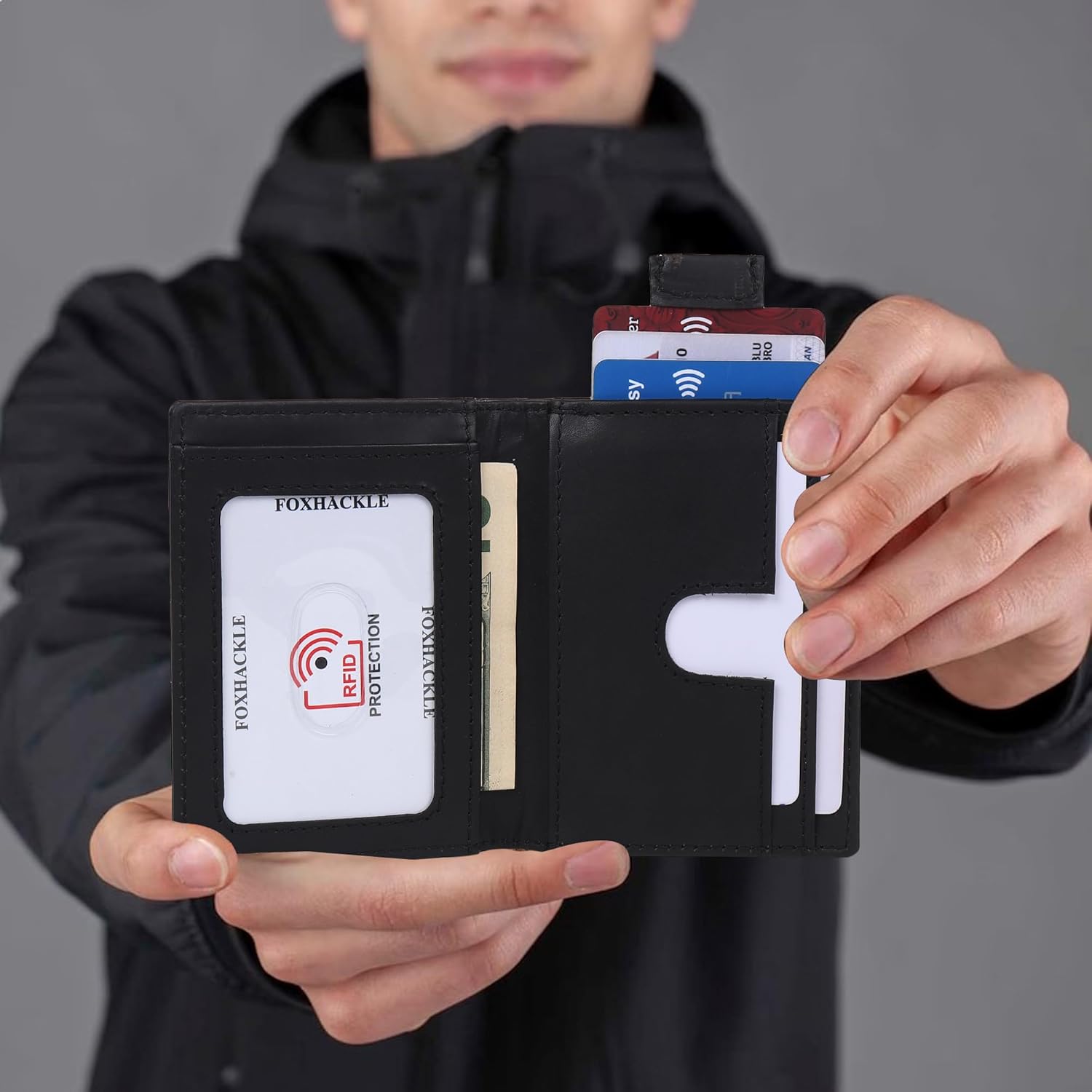 FOXHACKLE Slim Minimalist Credit Card Holder Front Pocket Leather Bifold RFID Blocking Wallet for Men & Women (Matte Black) - Image 6