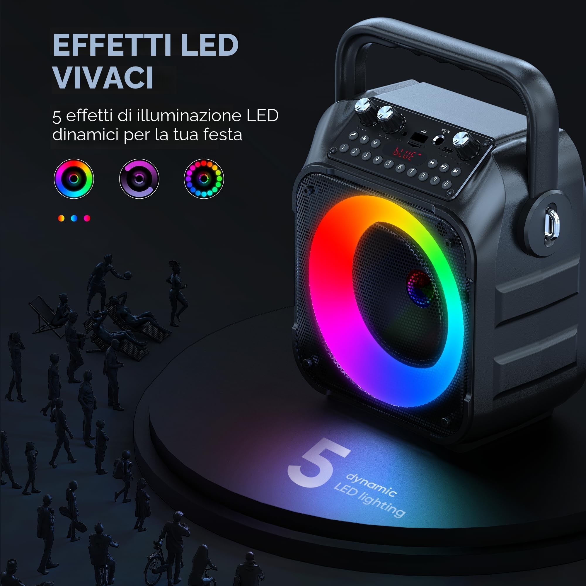 Karaoke, Altoparlante Portatile Bluetooth per Adulti con 2 Microfoni Senza Fili, Sistema PA per Adulti e Bambini con Luci LED per Feste (Nero)