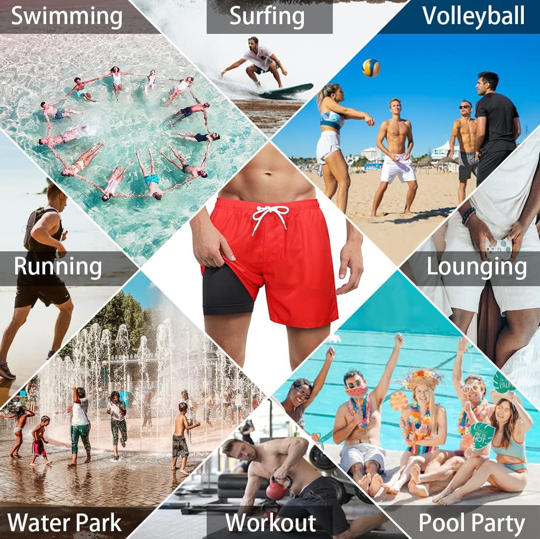 Mens Swim Trunks with Compression Liner Anti Chafe Quick Dry UPF 50+ Swimming Shorts 5" 7" Inseam Bathing Suit Mens 5" Middle Thigh Small Red