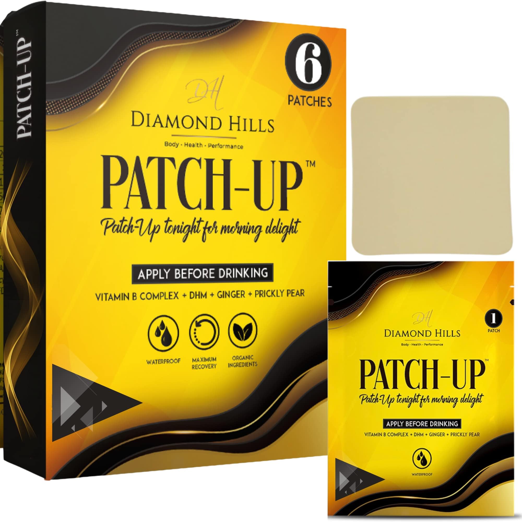 Diamond Hills Patch-Up 6pk Recovery Patches Rebound, Adult Party Favors, Waterproof, Vitamin B, DHM, Ginger, Prickly Pear