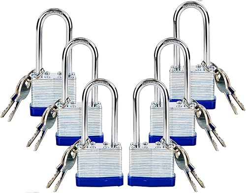 SEPOX Paquete de 6 candados con la misma llave con la misma llave, 2 unidades cada juego, grillete extralargo, cuerpo de acero laminado resistente