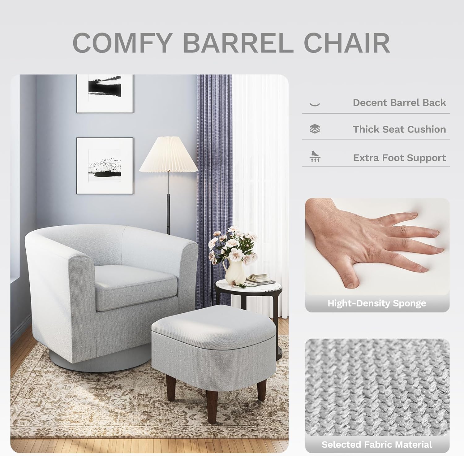 COLAMY Upholstered Swivel Barrel Accent Chair with Ottoman, Modern Single Sofa Lounge Armchair Club Chair with Storage Space for Living Room Bedroom Office, Light Grey, Set of 2