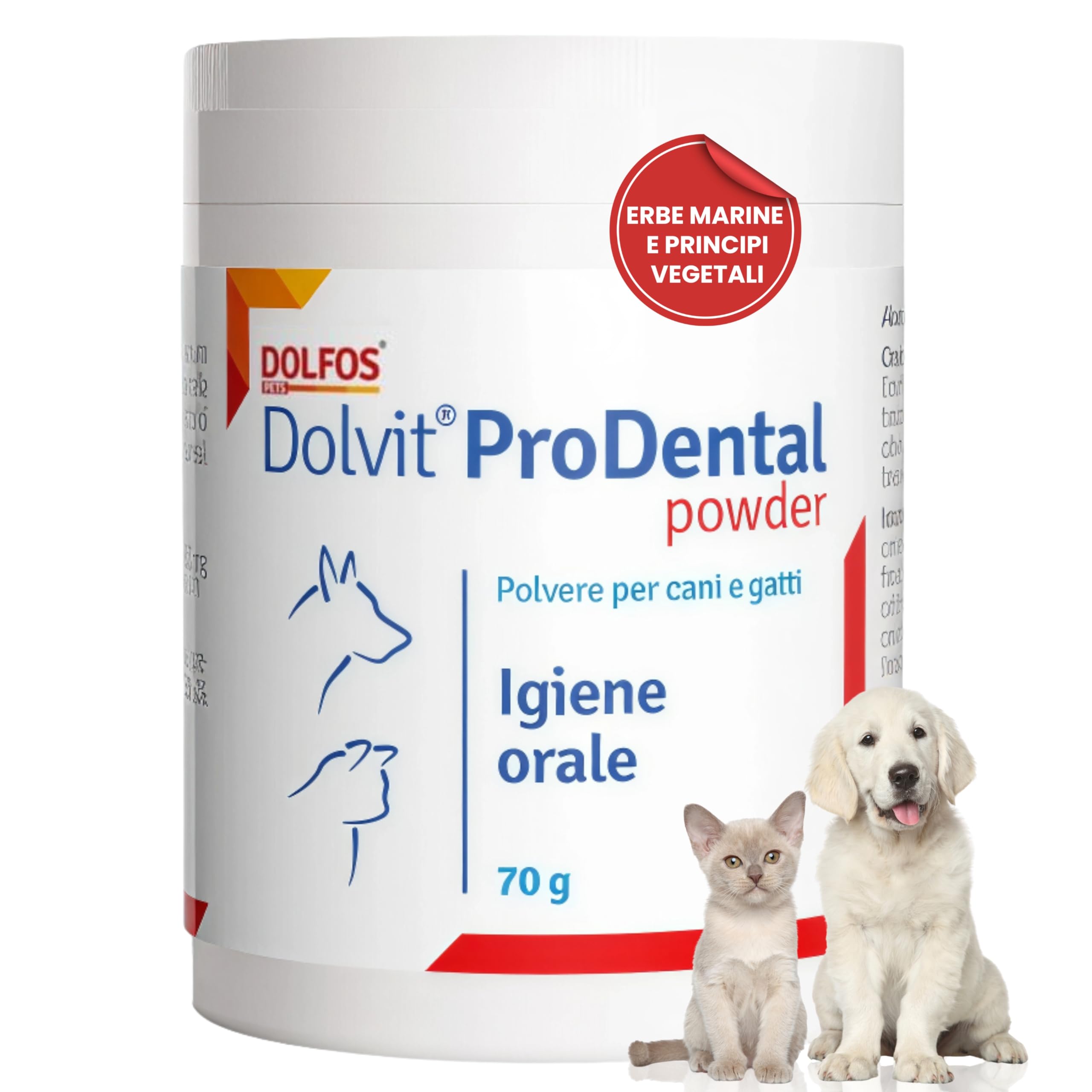 Dolvit Prodental Integratore per Igiene Orale Cane Gatto - Pulizia Bocca Cani e Gatti dai Batteri - Rimuove Placca, Tartaro e Alitosi Rendendo Fresco l’Alito - Confezione da 70 gr