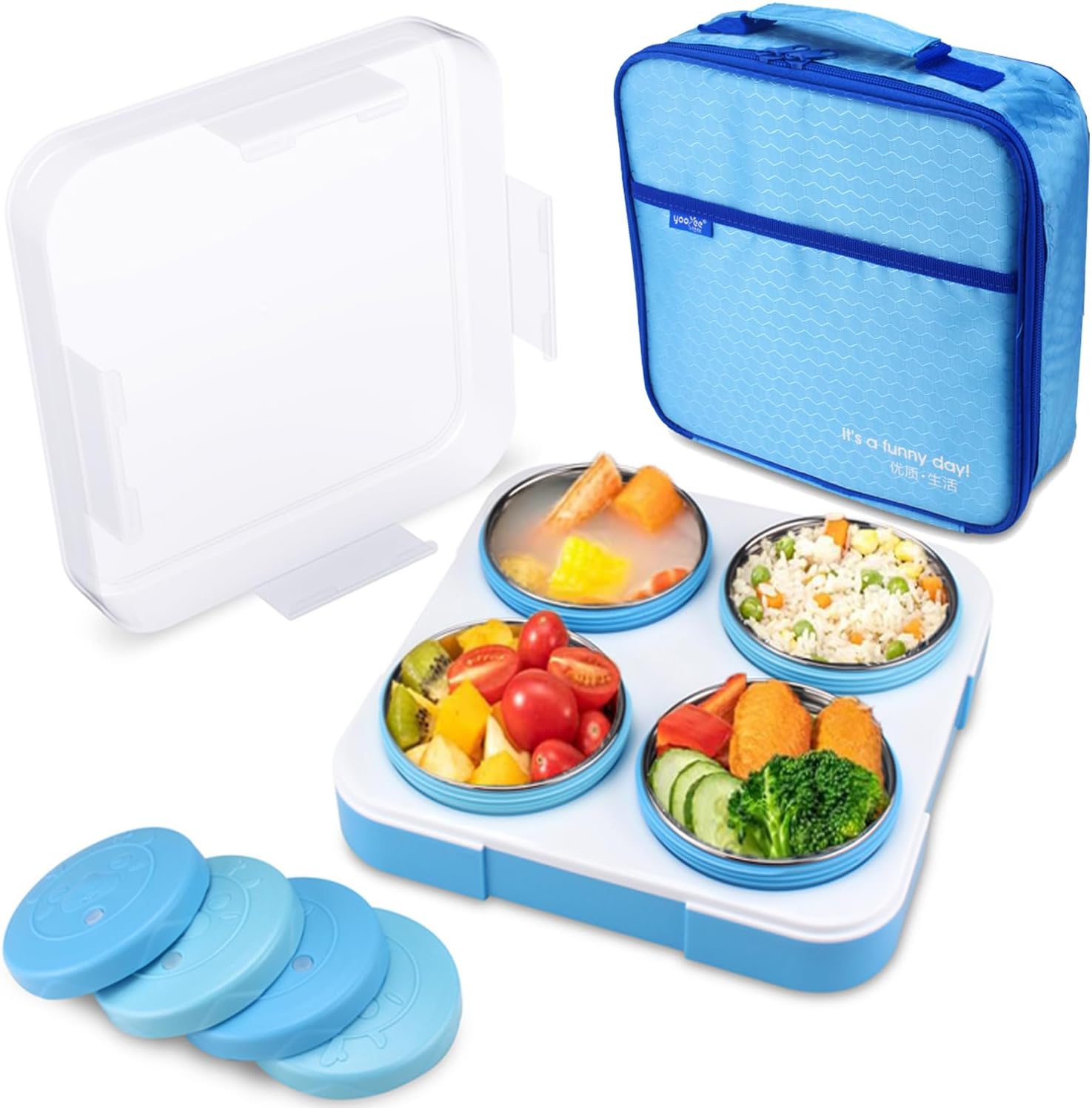Stainless Steel Lunch Box for Kids Adults,Insulated Bento Lunch Box with Tableware & Bag,3 Compartment Divided Lunch Containers with Lids,Leakproof | BPA Free | Dishwasher Safe (Blue，880ml)