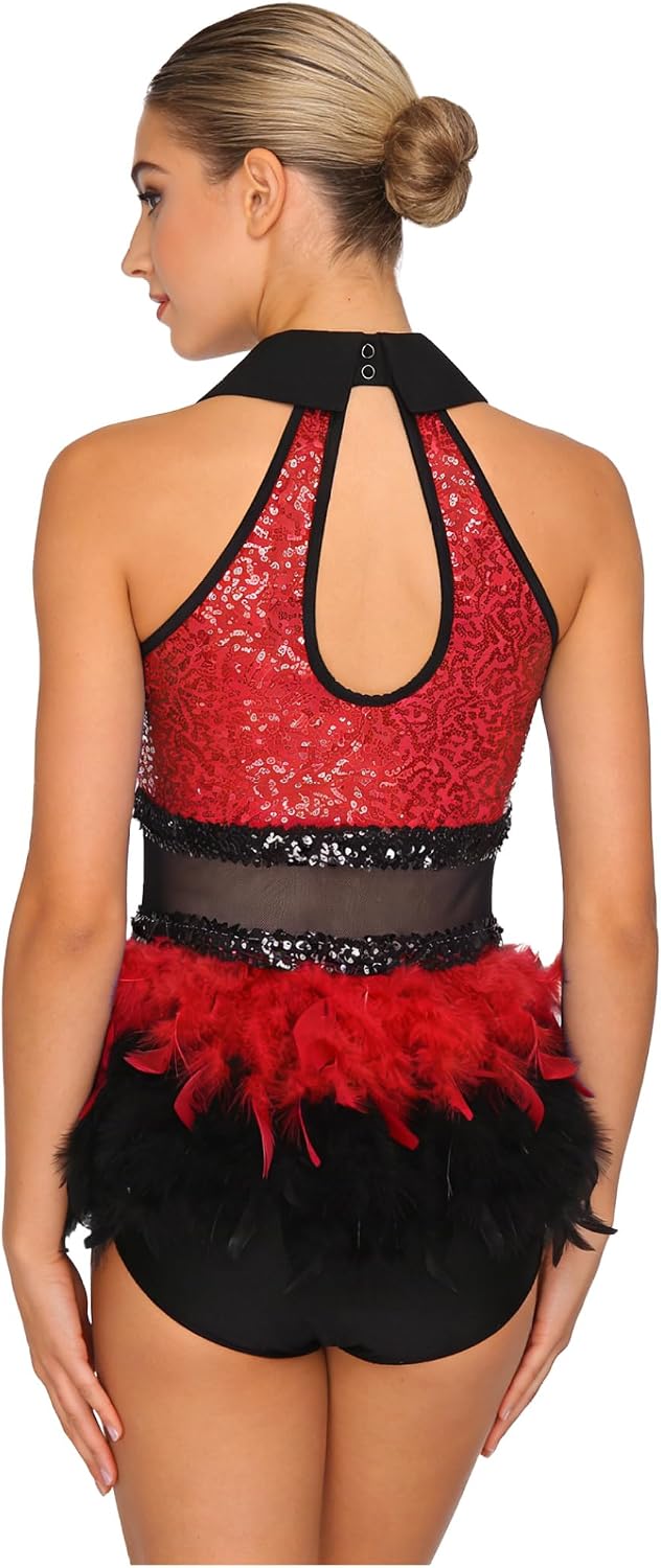 Women's Waist Feather Latin Dance Leotards Sequin Samba Jazz Ballroom Rumba Dance Costume Bodysuit