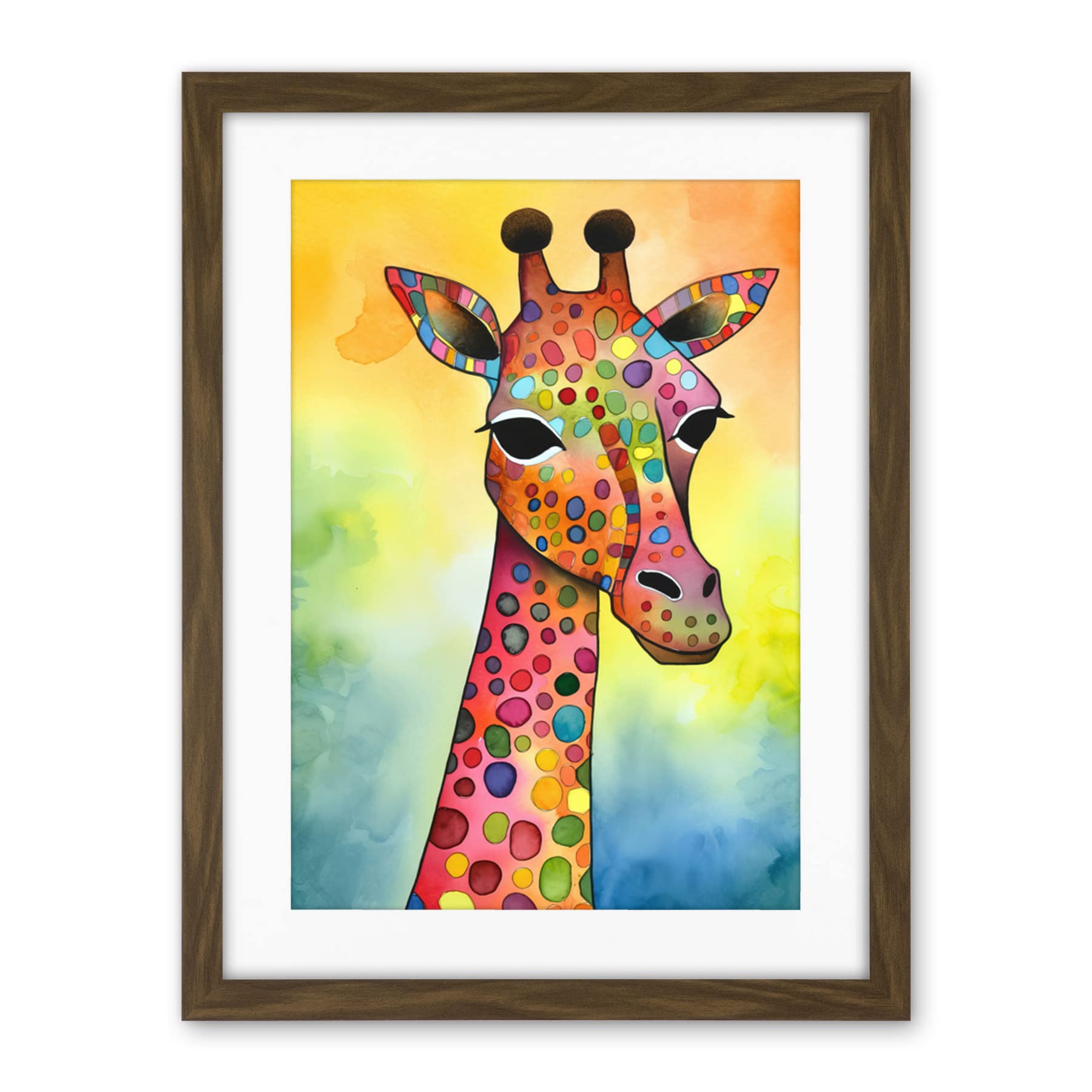 Artery8 Giraffe With Multicolour Pattern Folk Art Watercolour Painting Artwork Framed Wall Art Print 18X24 Inch