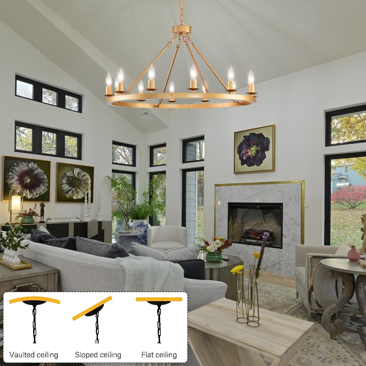 12-Light Gold Wagon Wheel Chandelier, 32 inch Farmhouse Round Wheel Chandeliers High Ceilings Hanging Light Fixture Outdoor Chandelier for Porch, Foyer, Dining Room, Living Room