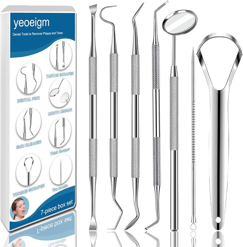 7 piezas de herramientas dentales, kit de higiene de herramientas de limpieza de dientes dentales | Limpiador profesional de sarro y placa raspador de dientes de acero inoxidable, con estuche, uso Personal, mascotas, Kit de limpieza de dientes