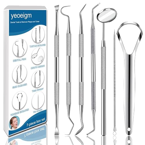 yeoeigm 7pcs Dental Tools, Dental Pick Teeth Cleaning Tools Hygiene Kit | Professional Stainless Steel Tooth Scraper Plaque Tartar Cleaner - with Case, Personal Using, Pets - Teeth Cleaning Kit