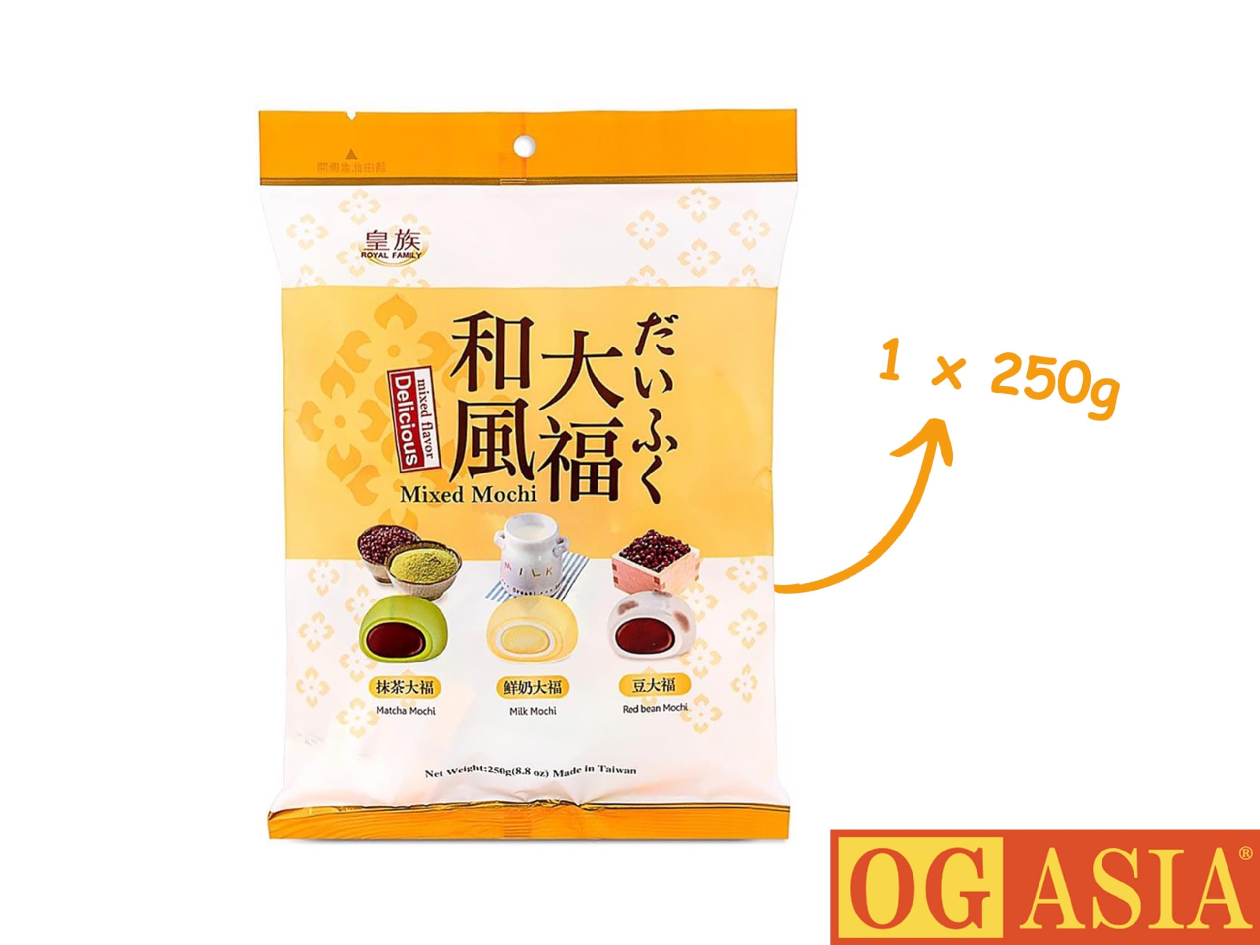 Delicious Délicieux Mini Mochi Mix – 3 variétés – Lait, matcha, haricot rouge – Plat sucré japonais – Gâteau de riz doux et collant – OG ASIA – 250 g