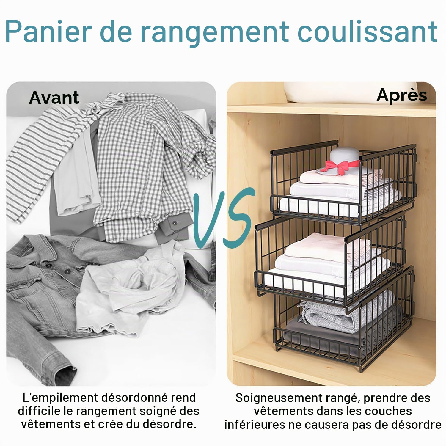 Lot de 6 Rangement Dressing，Organisateur Armoire vetement，Vetement Dressing Boîte de Rangements pour Armoire，Empilables Torganisateur Placard Vetement, Boite Coulissante et Pliante，Noir