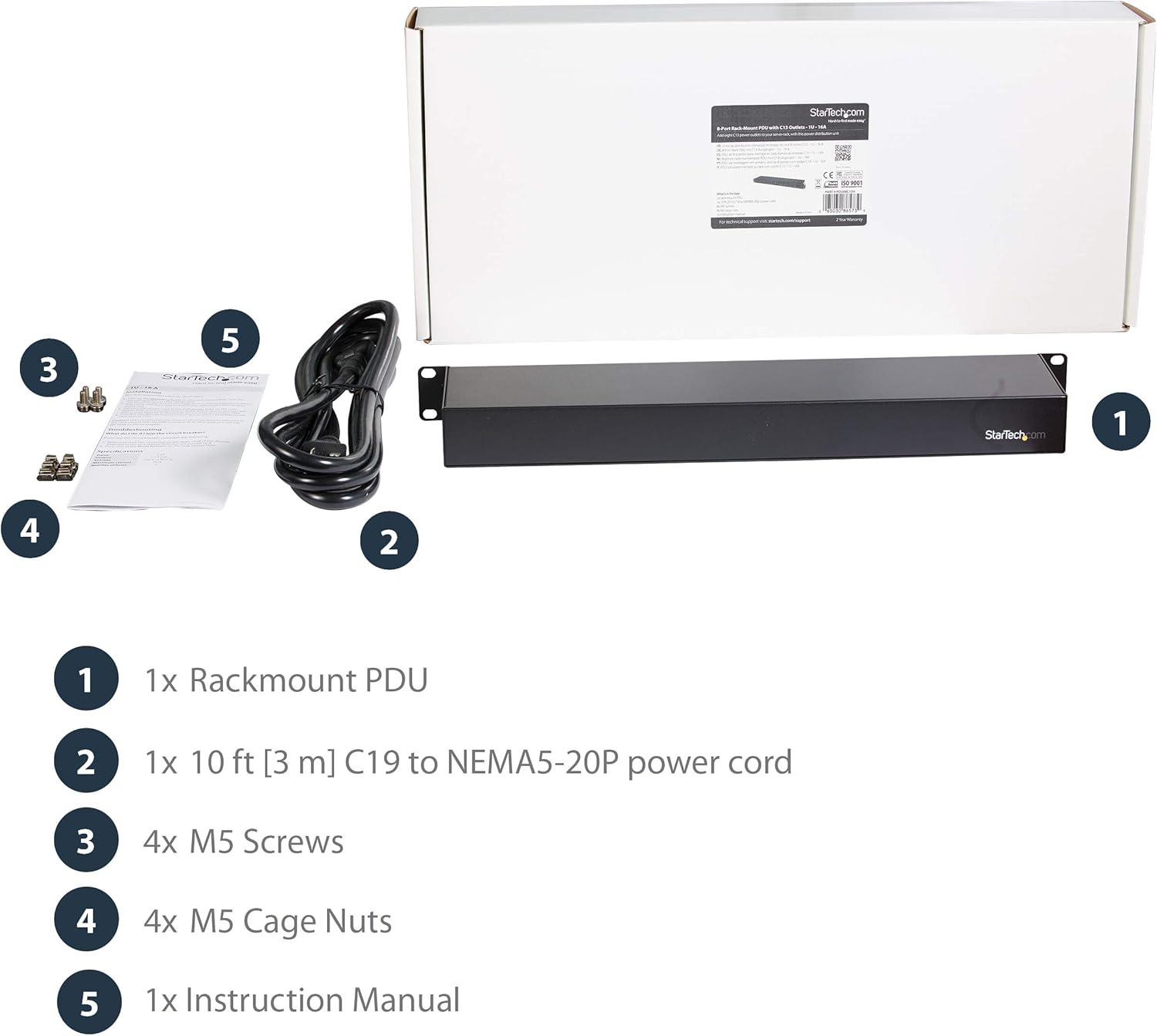 StarTech.com 1U 19 inch 8 Port Rack Mount PDU - IEC C13 Socket Rackmount Power Supply/Strip - Horizontal Server Rack Mountable PDU /Data Center Power Distribution Unit 16A 240V (PDU08C13H)